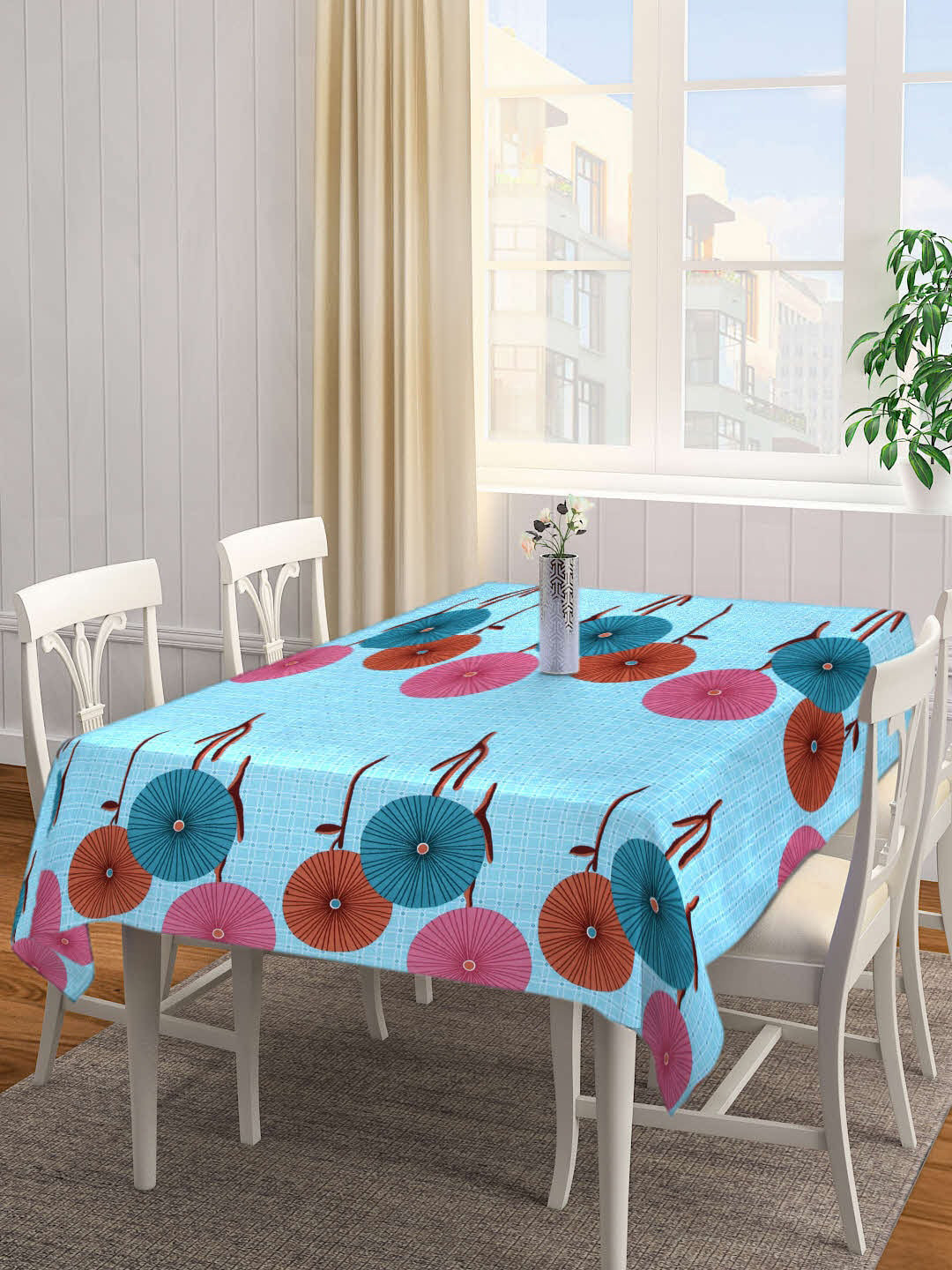Arrabi Blue & Pink Graphic Printed 6-Seater Table Cover