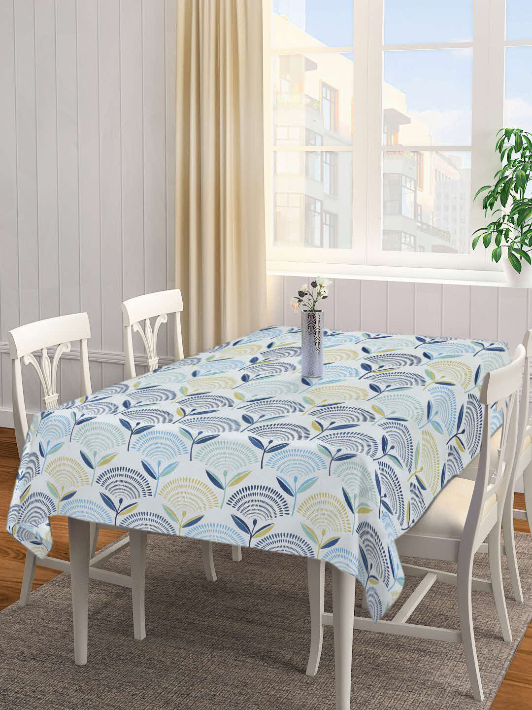 Arrabi White & Blue Floral Printed 6-Seater Table Cover