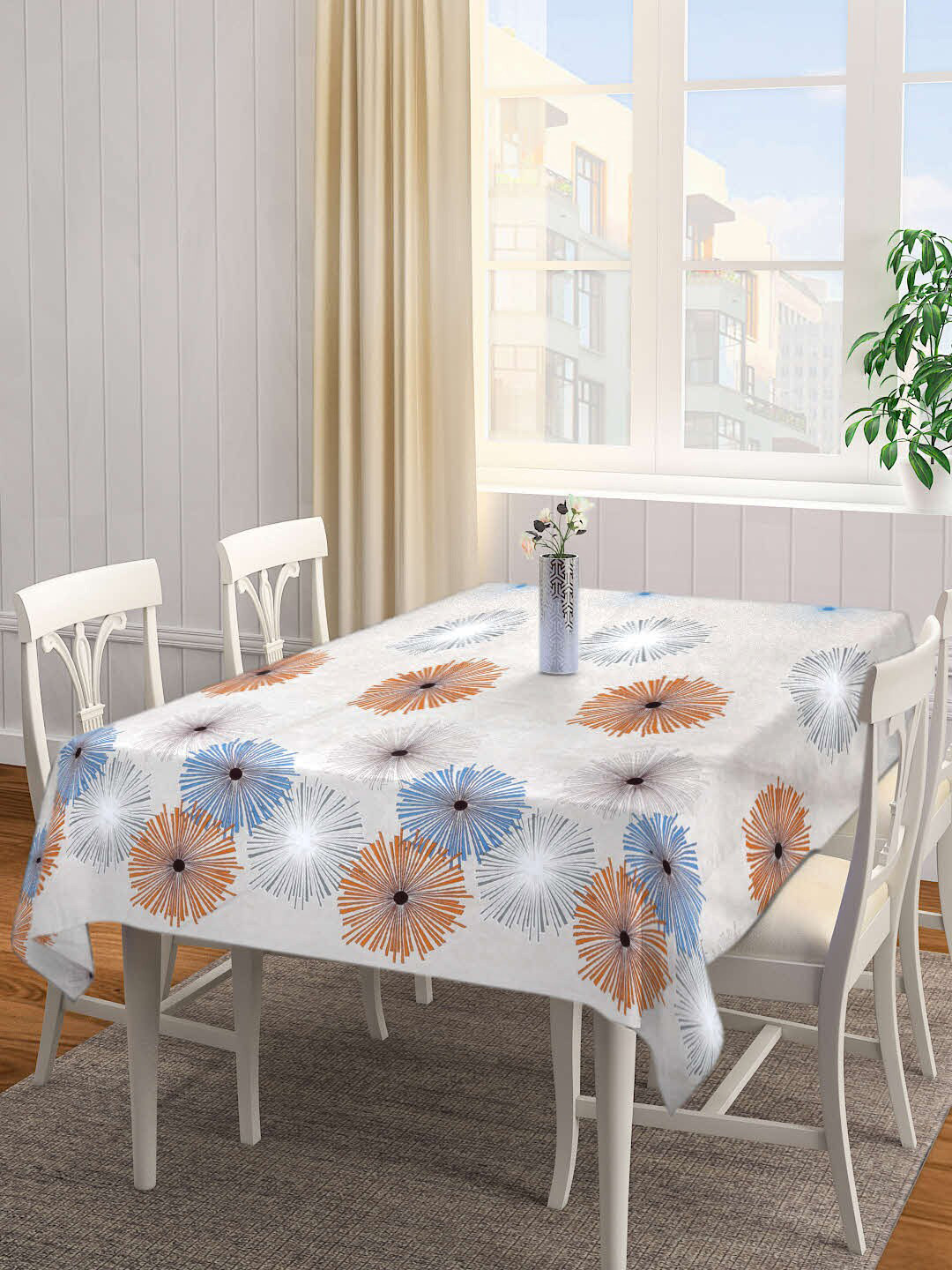 Arrabi Beige & Blue Graphic Printed 6-Seater Table Cover