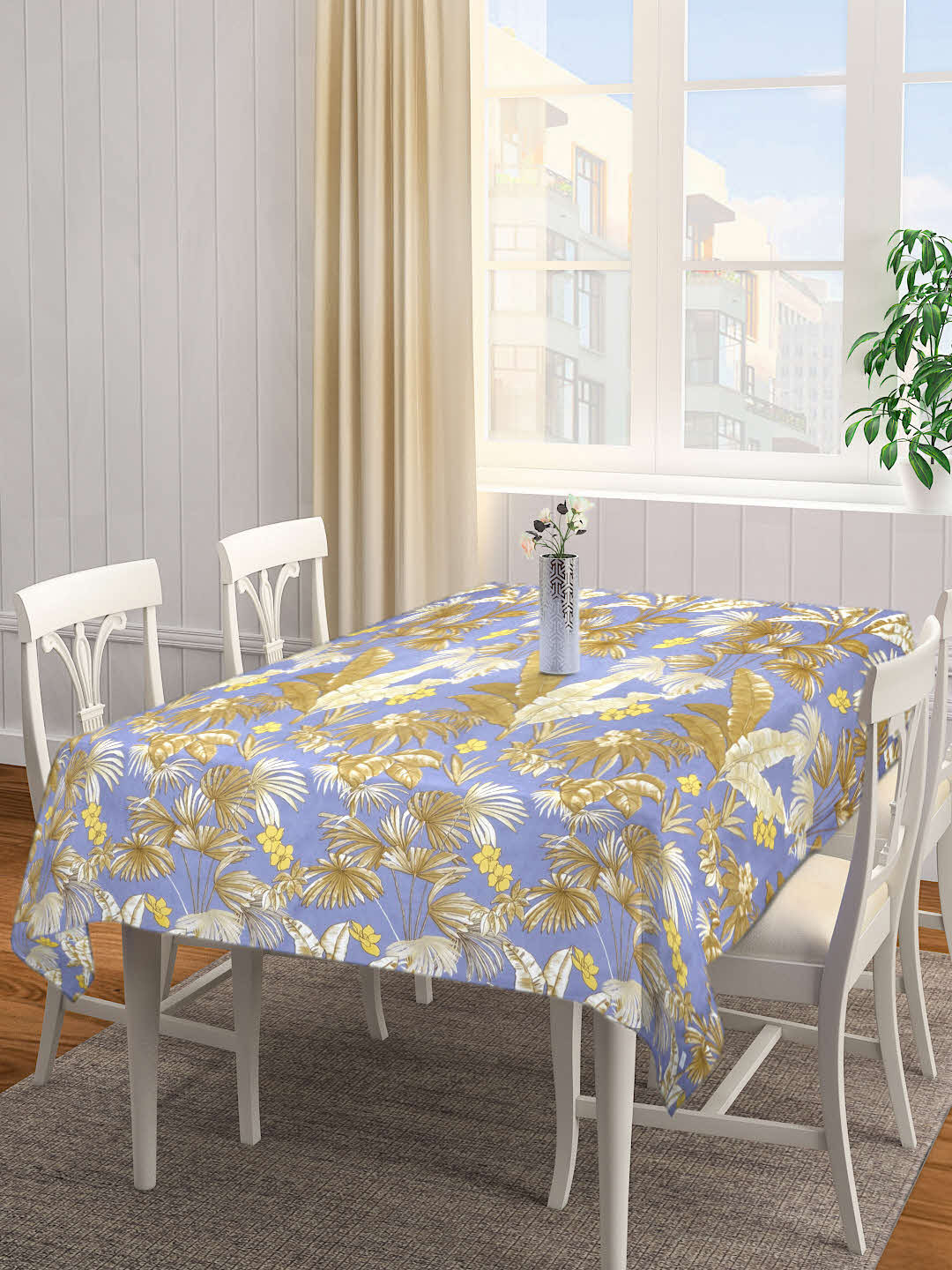 Arrabi Grey & Yellow Leaf Printed 6-Seater Table Cover