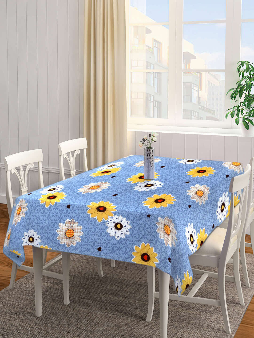 Arrabi Grey & Yellow Floral Printed 6-Seater Table Cover