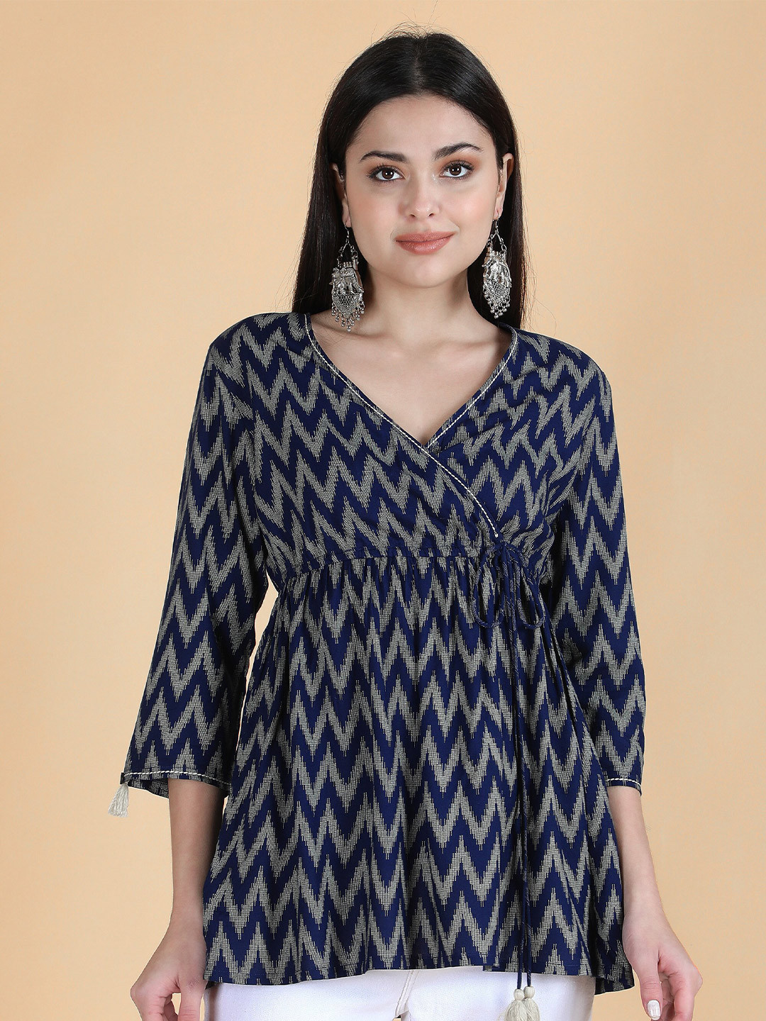 HERE&NOW Navy Blue & Grey Chevron Printed V-Neck Angrakha A-Line Short Kurti