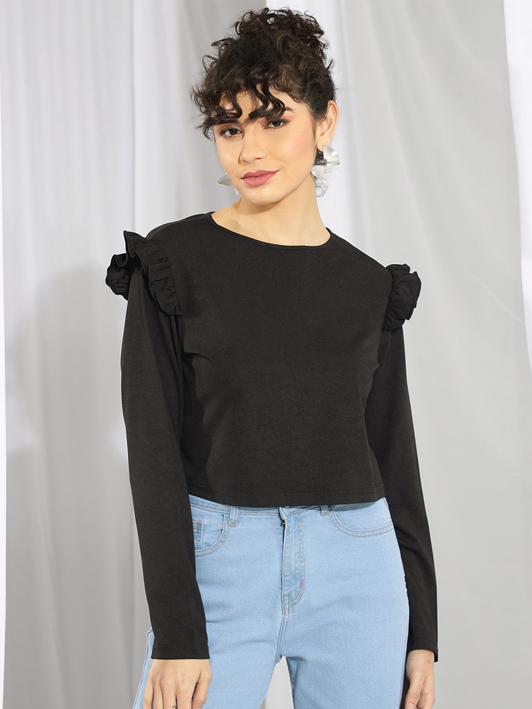 Kotty Black Round Neck Long Sleeves Ruffled Satin Top