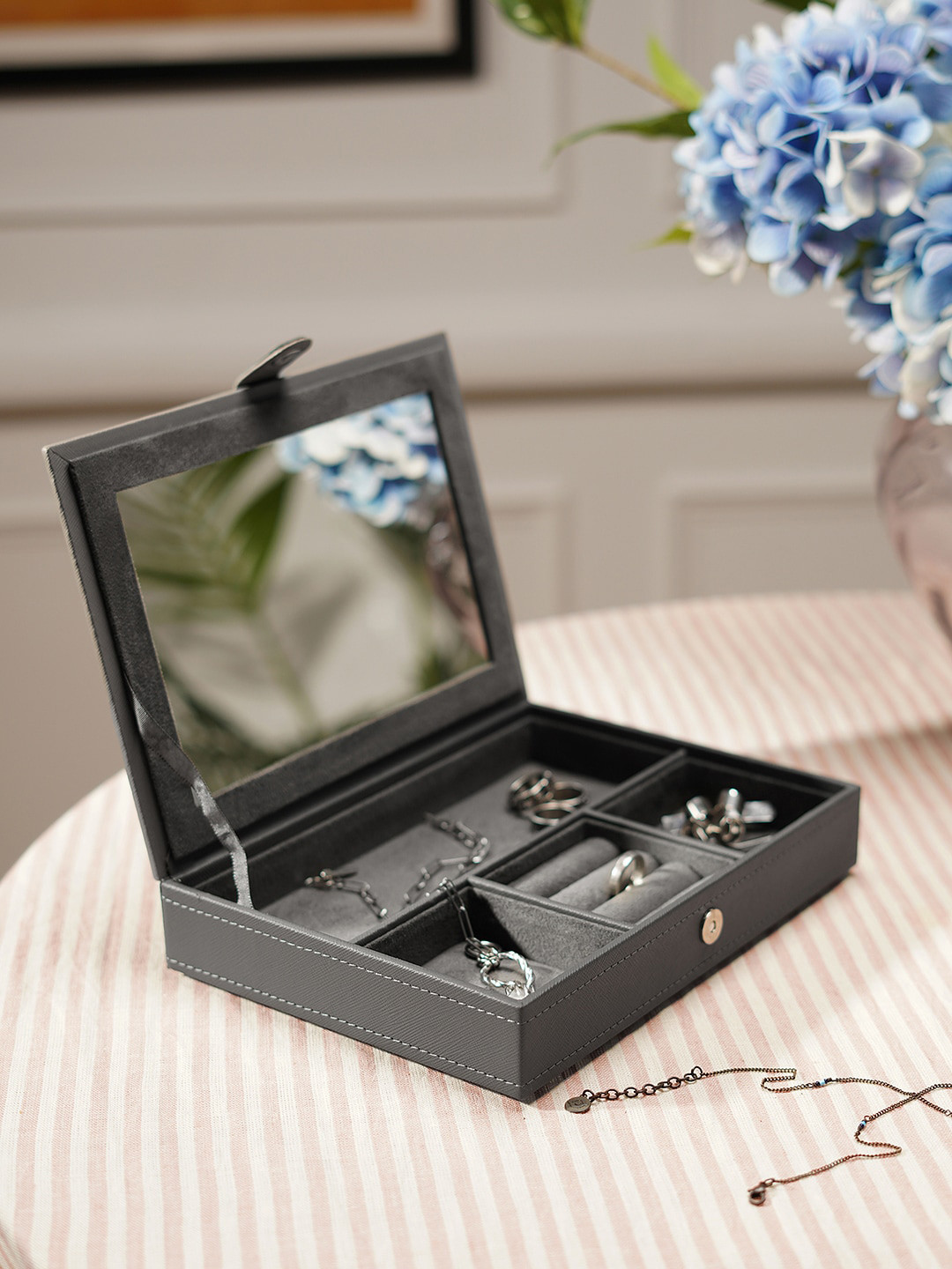 Pure Home and Living Grey Faux Leather Jewellery Organiser Box With Mirror
