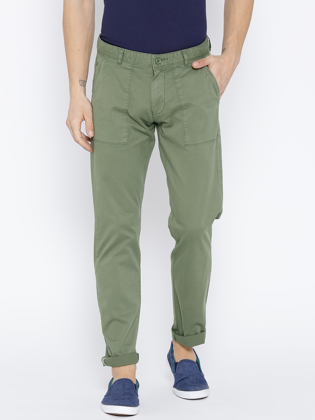 Buy United Colors Of Benetton Men Olive Green Slim Fit Solid Trousers   Trousers for Men 2265386  Myntra