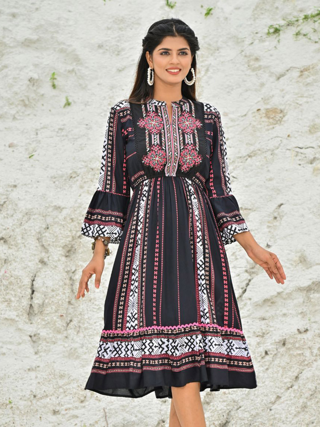 Zolo Label Ethnic Motifs Printed Mandarin Collar Bell Sleeve Fit & Flare Dress