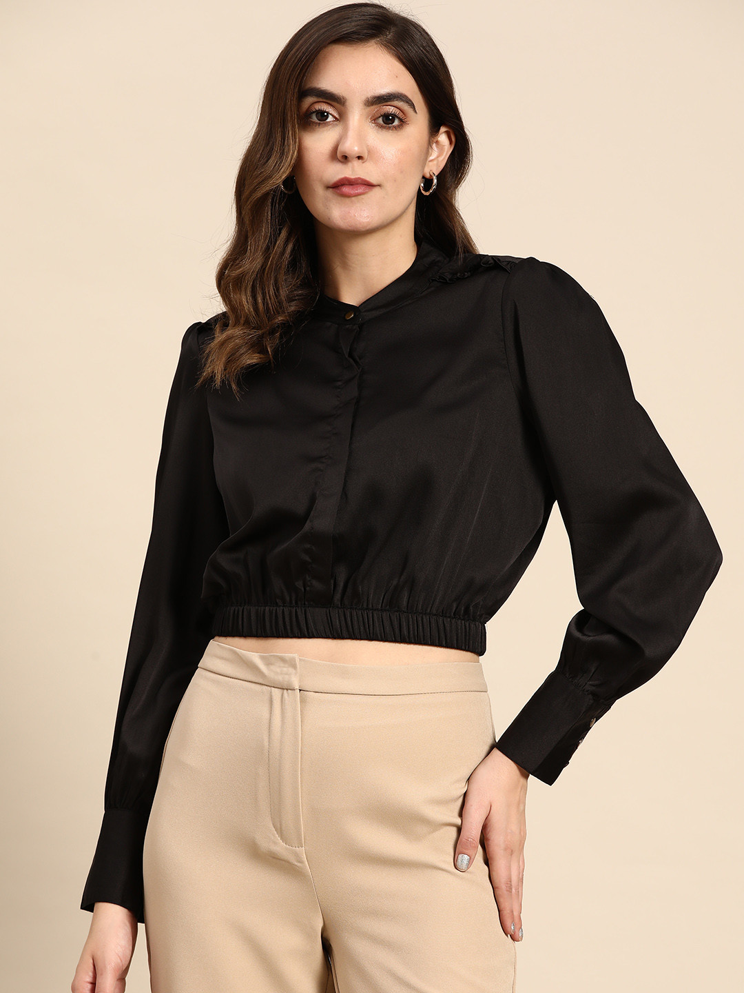 all about you Mandarin Collar Shirt Style Crop Top