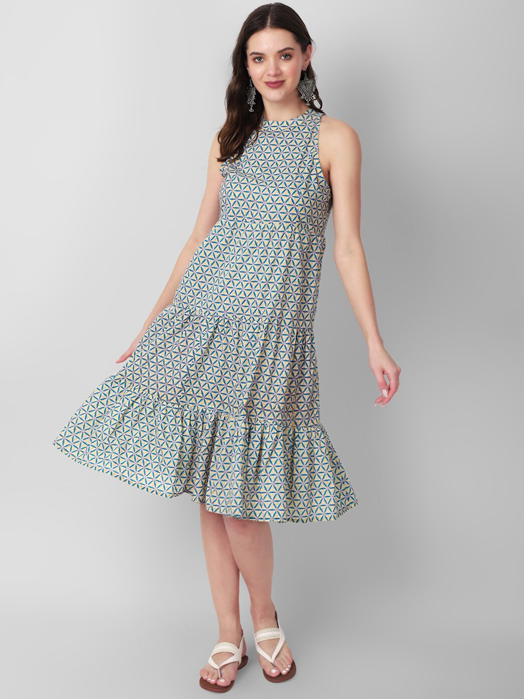 Haute and Humble Ethnic Motifs Printed Sleeveless Tiered Pure Cotton Midi Dress