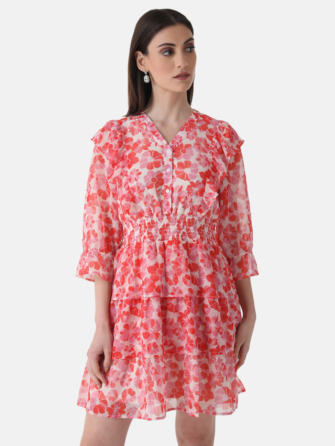 Kazo Peach Floral Printed Layered Chiffon Bell Sleeve Fit & Flare Dress