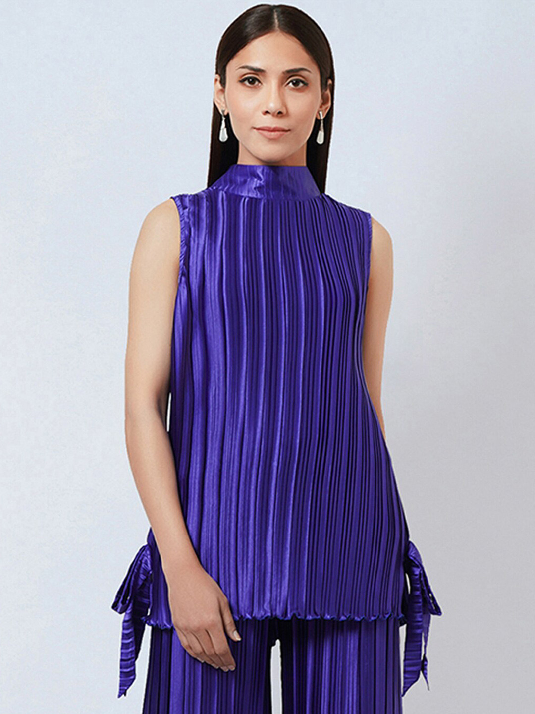 First Resort by Ramola Bachchan Accordion Pleated High Neck Sleeveless Satin Top