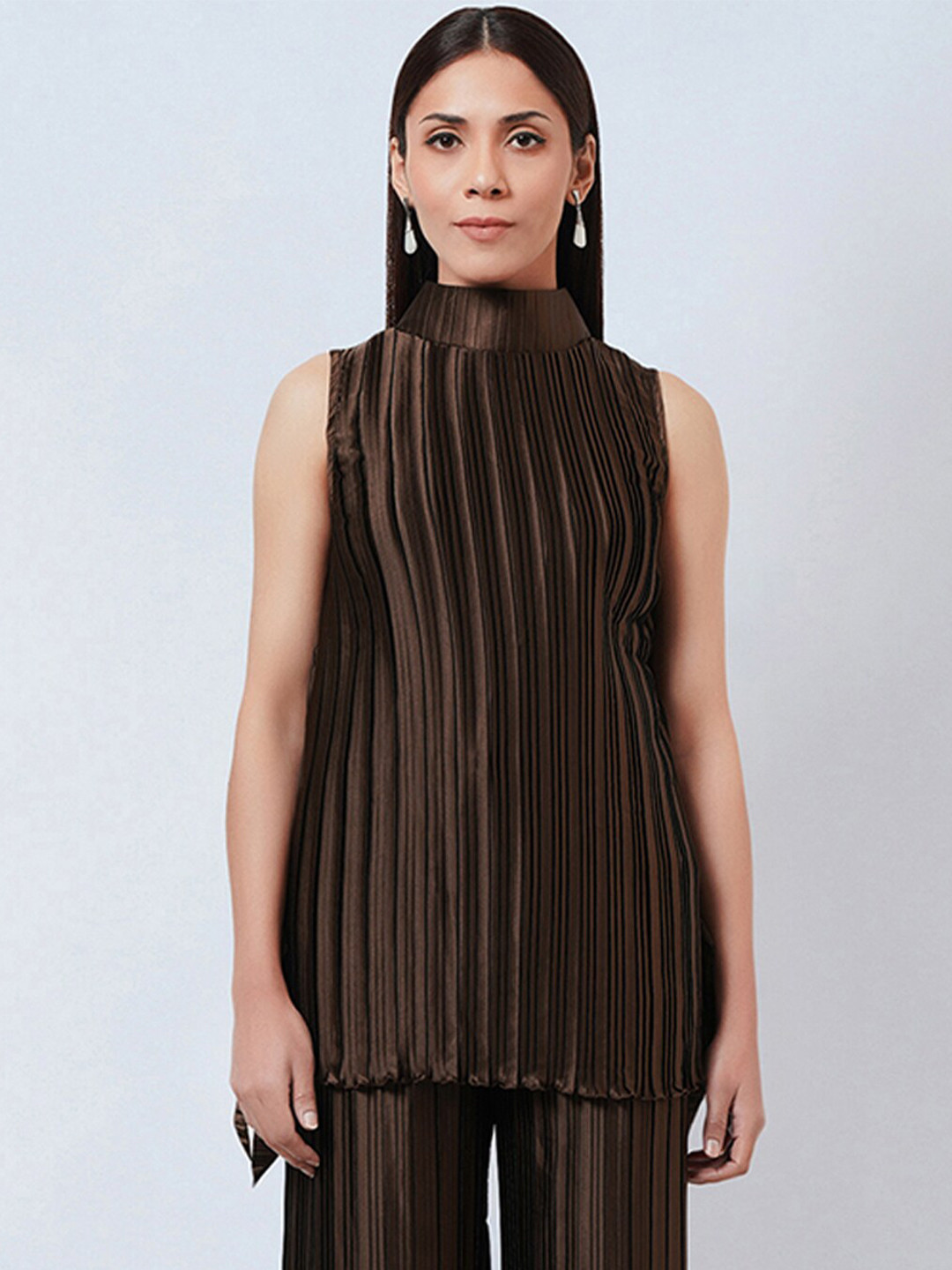 First Resort by Ramola Bachchan Accordion Pleated High Neck Sleeveless Satin Top