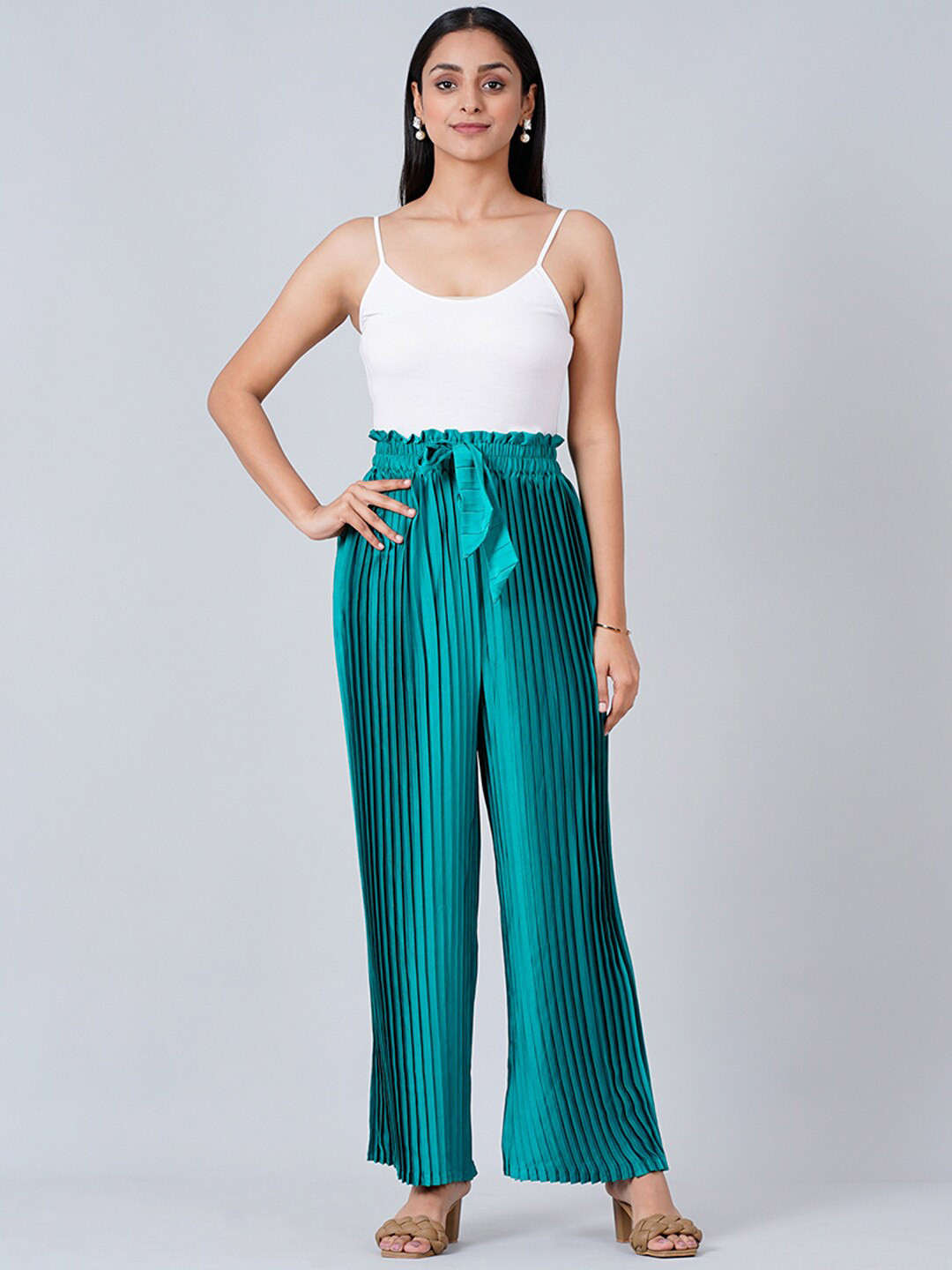 First Resort by Ramola Bachchan Striped Relaxed Pleated Waist Tie-Up Palazzo