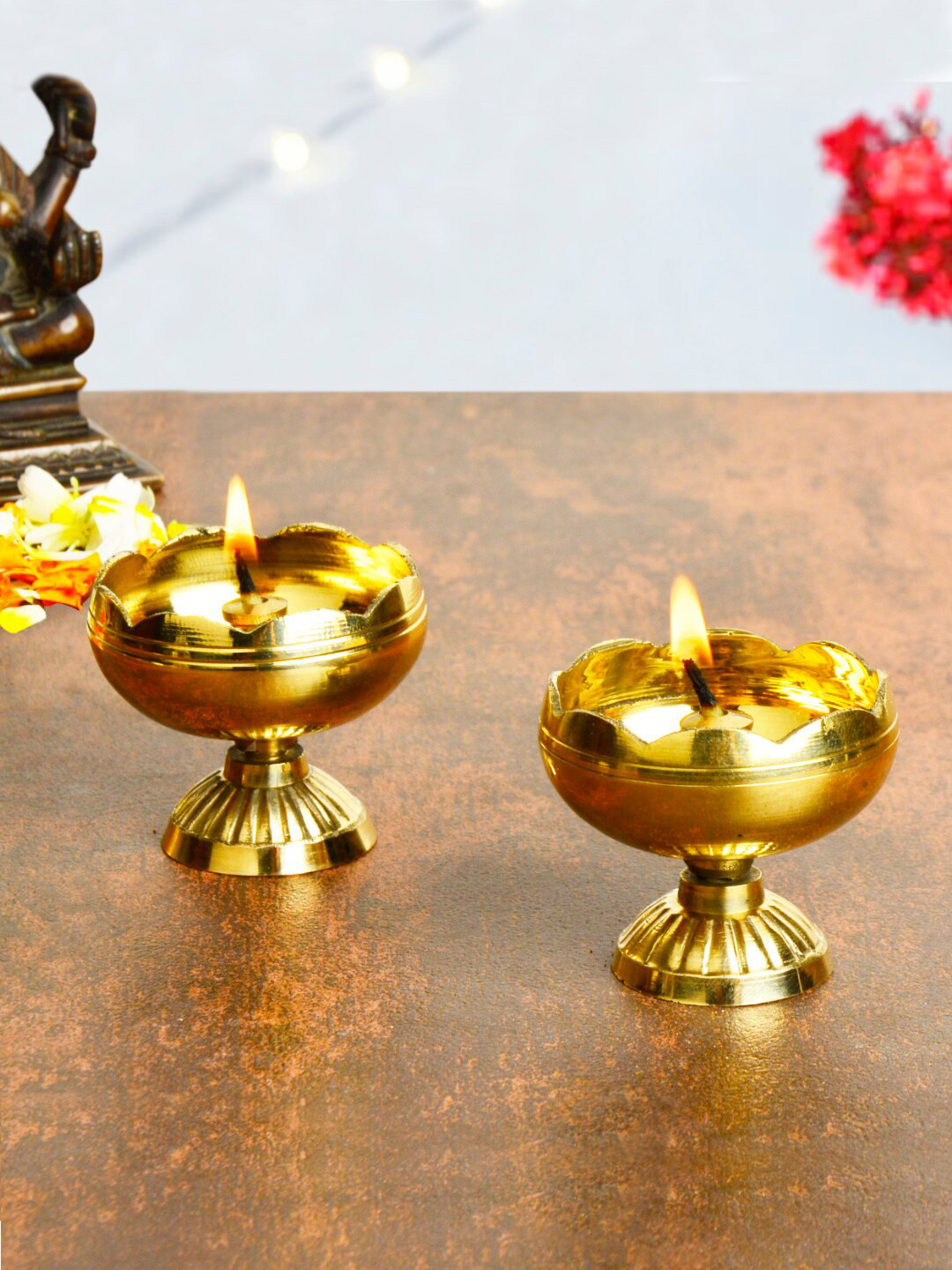 StyleMyWay Gold Toned 2 Pieces Flower Design Pooja Diyas