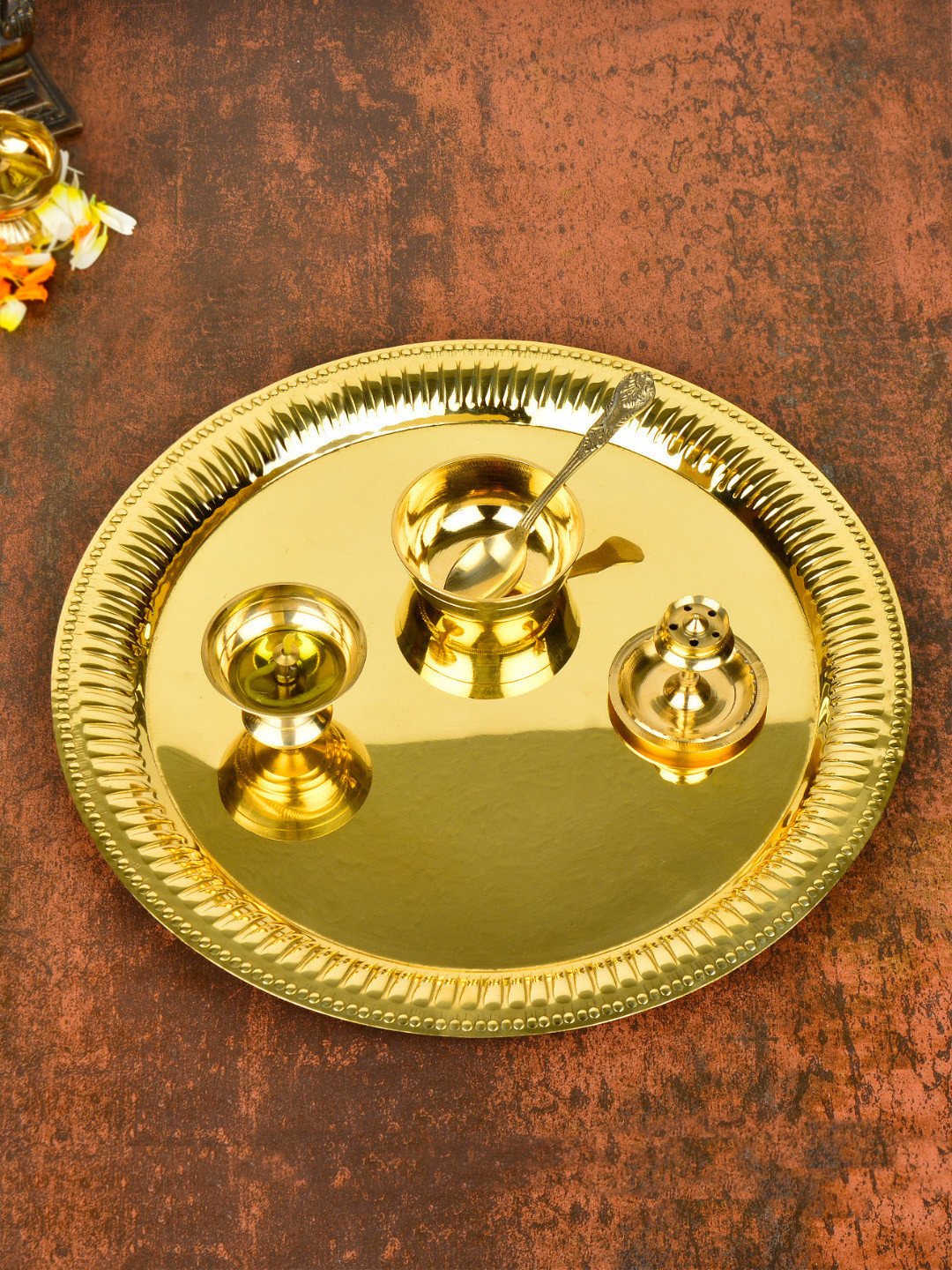 StyleMyWay Gold Toned Brass Traditional Pooja Thali Set