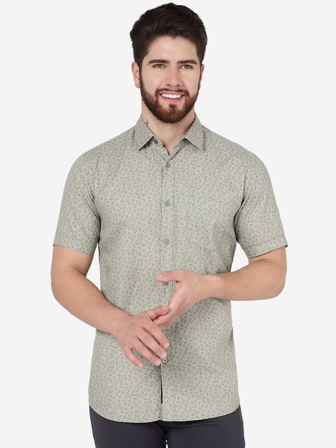 JADE BLUE Floral Printed Spread Collar Slim Fit Pure Cotton Casual Shirt