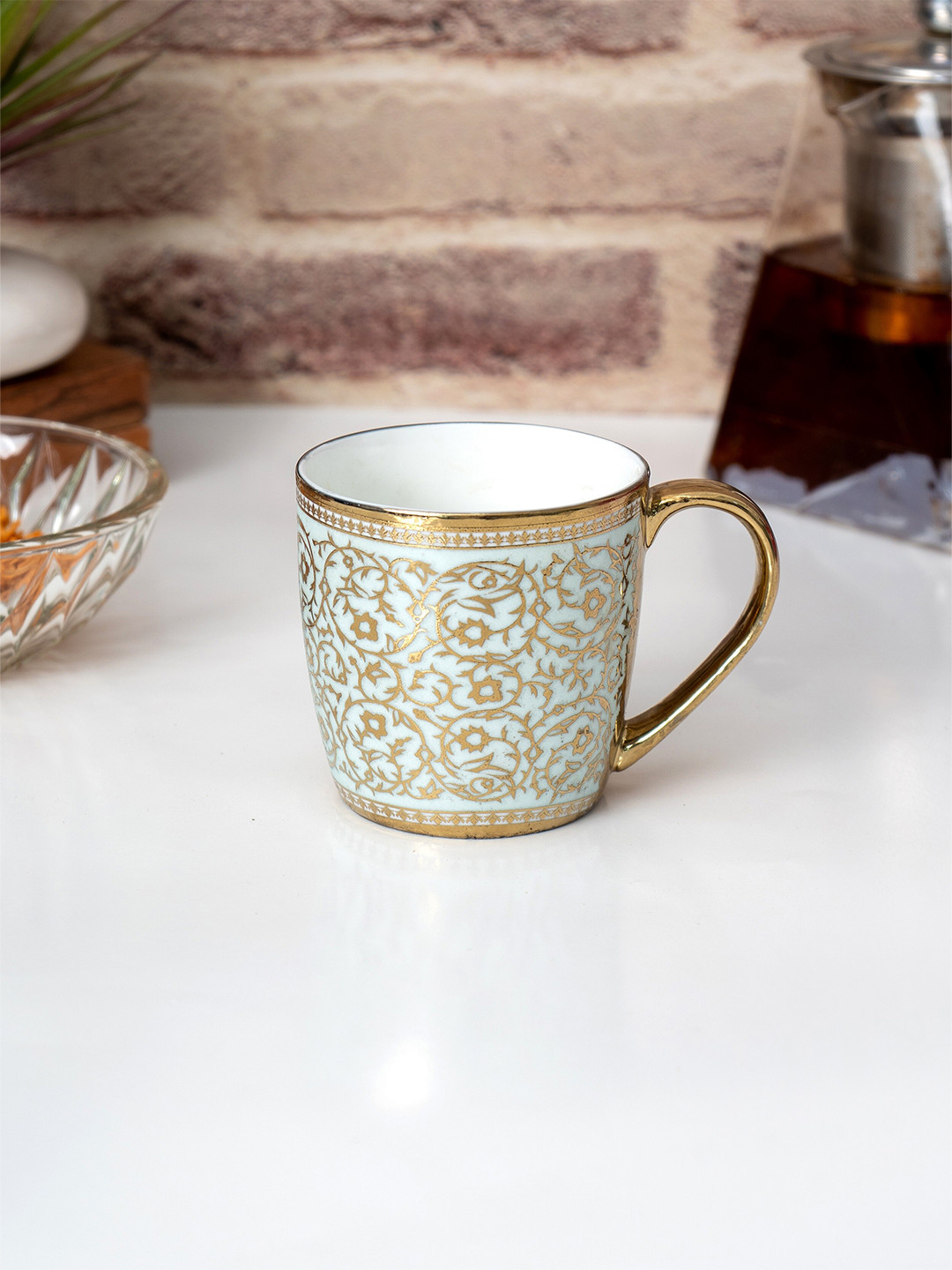 CLAY CRAFT Kavi Name Personalised White Ethnic Motifs Ceramic Microwave Safe 6 Piece Mugs-200ml