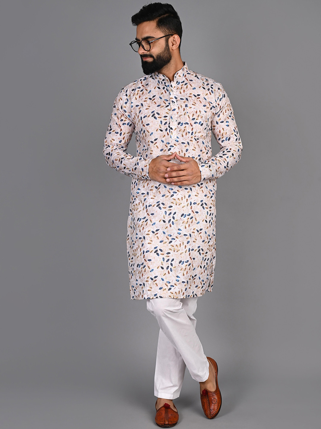FUBAR Ethnic Motif Printed Mandarin Collar Pure Cotton Kurta With Pyjamas