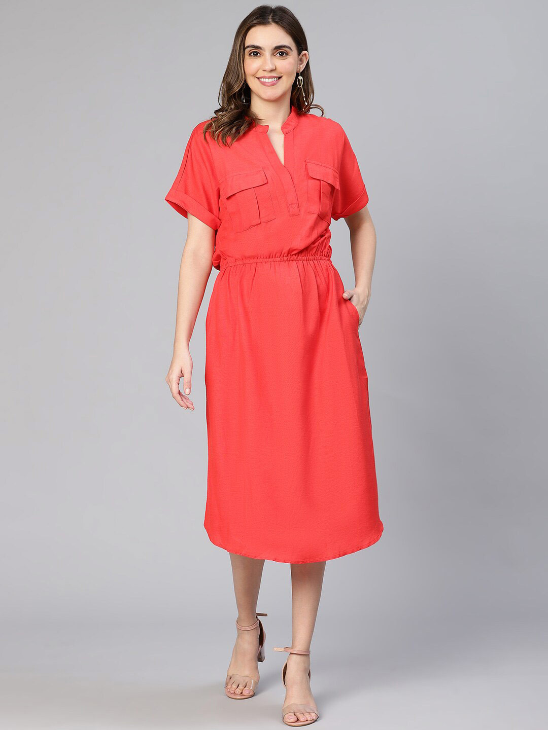 Oxolloxo Cotton Linen Mandarin Collar A-Line Midi Dress with Pockets