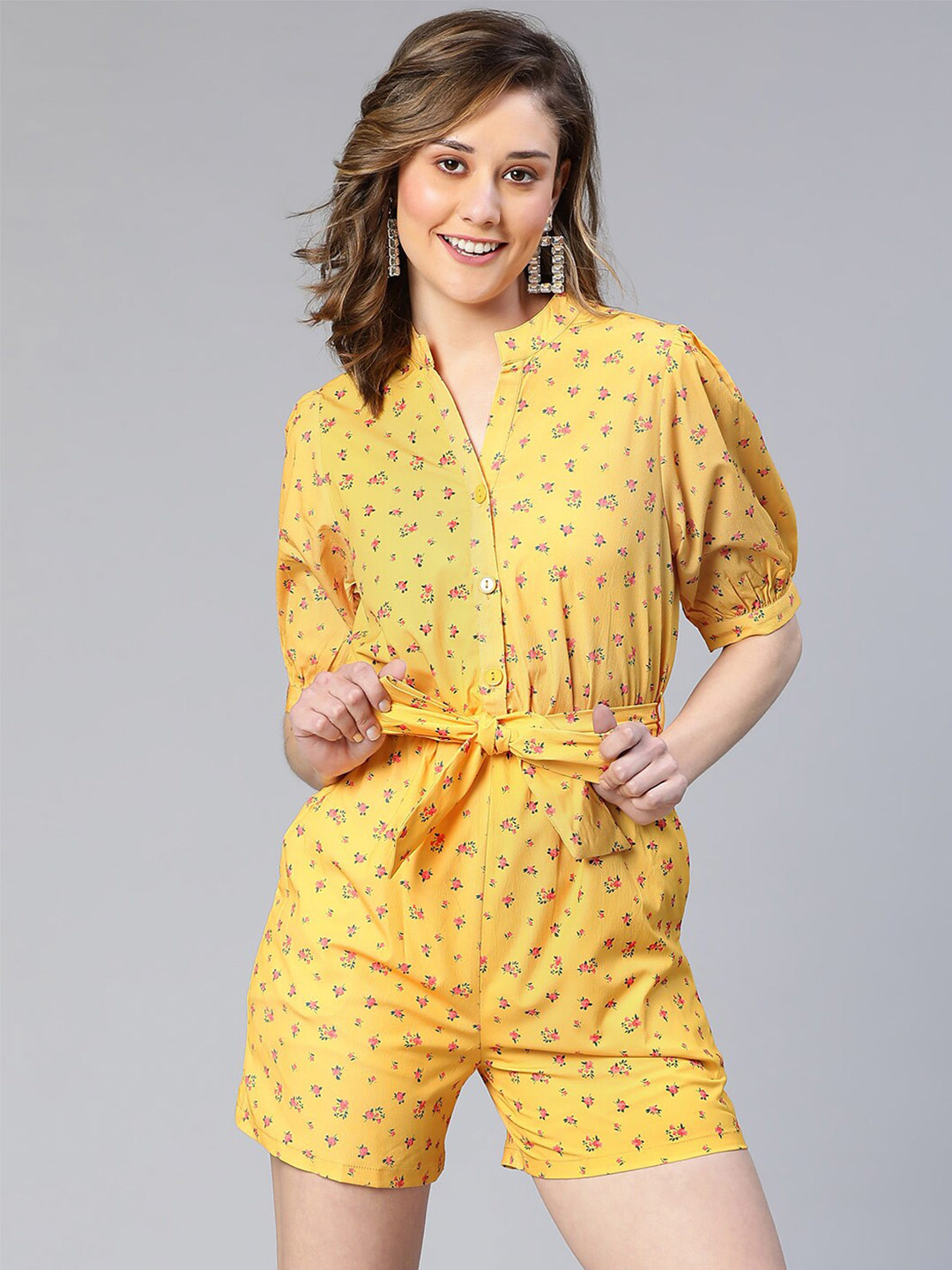 Oxolloxo Floral Printed Puff Sleeves Playsuit with Belt