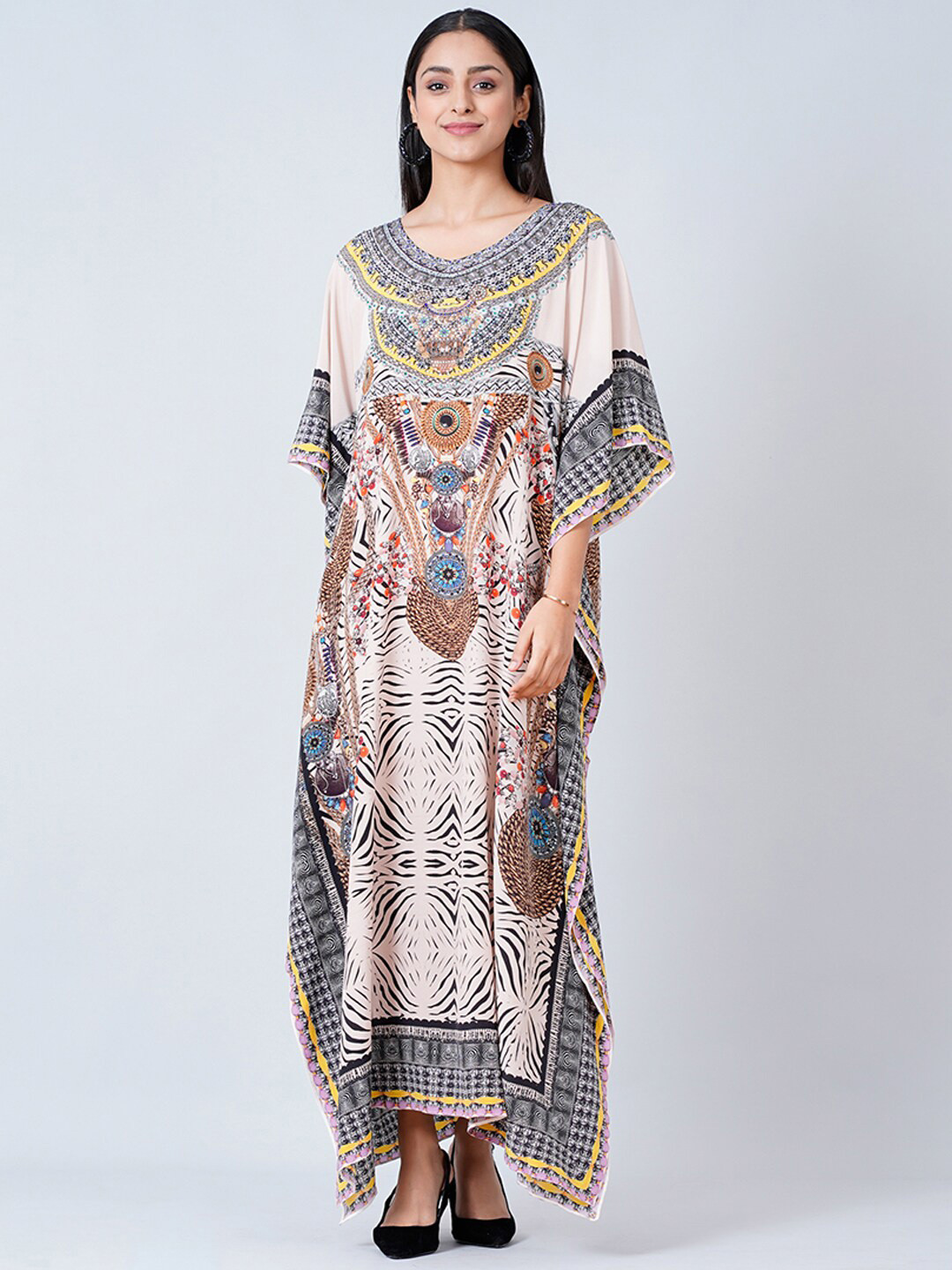 First Resort by Ramola Bachchan Grey Ethnic Motifs Print Slit Sleeve Crepe Kaftan Midi Dress
