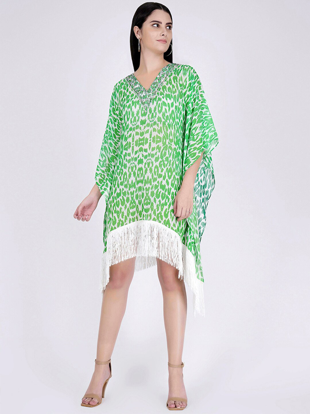 First Resort by Ramola Bachchan Animal Printed Kimono Sleeve Georgette Kaftan Dress