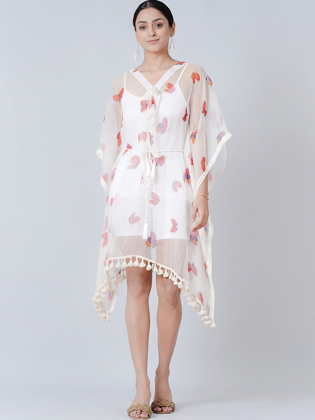 First Resort by Ramola Bachchan Butterfly Printed Kaftan Midi Dress With Belt