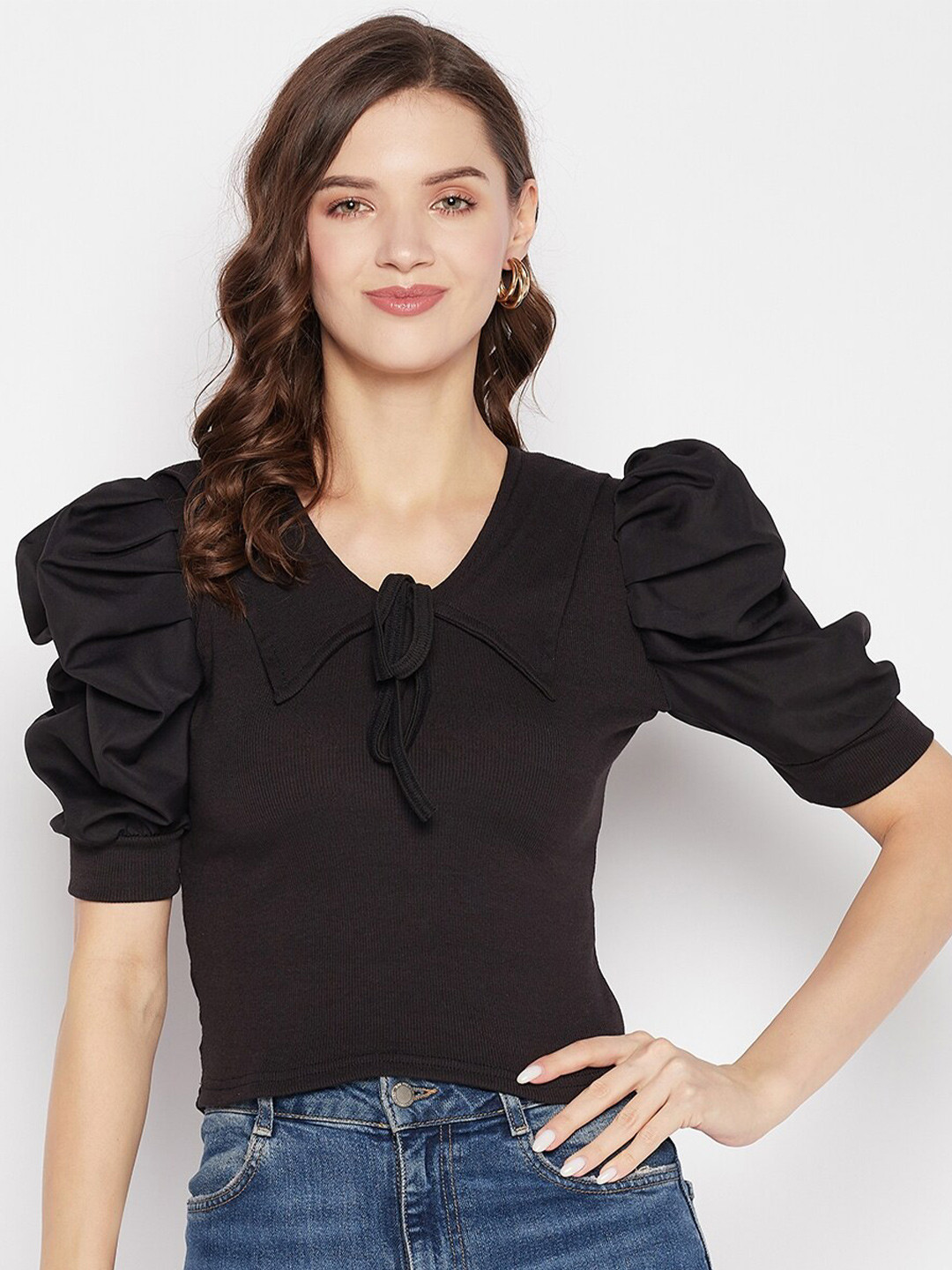 Clora Creation Tie-Up Neck Puff Sleeves Top
