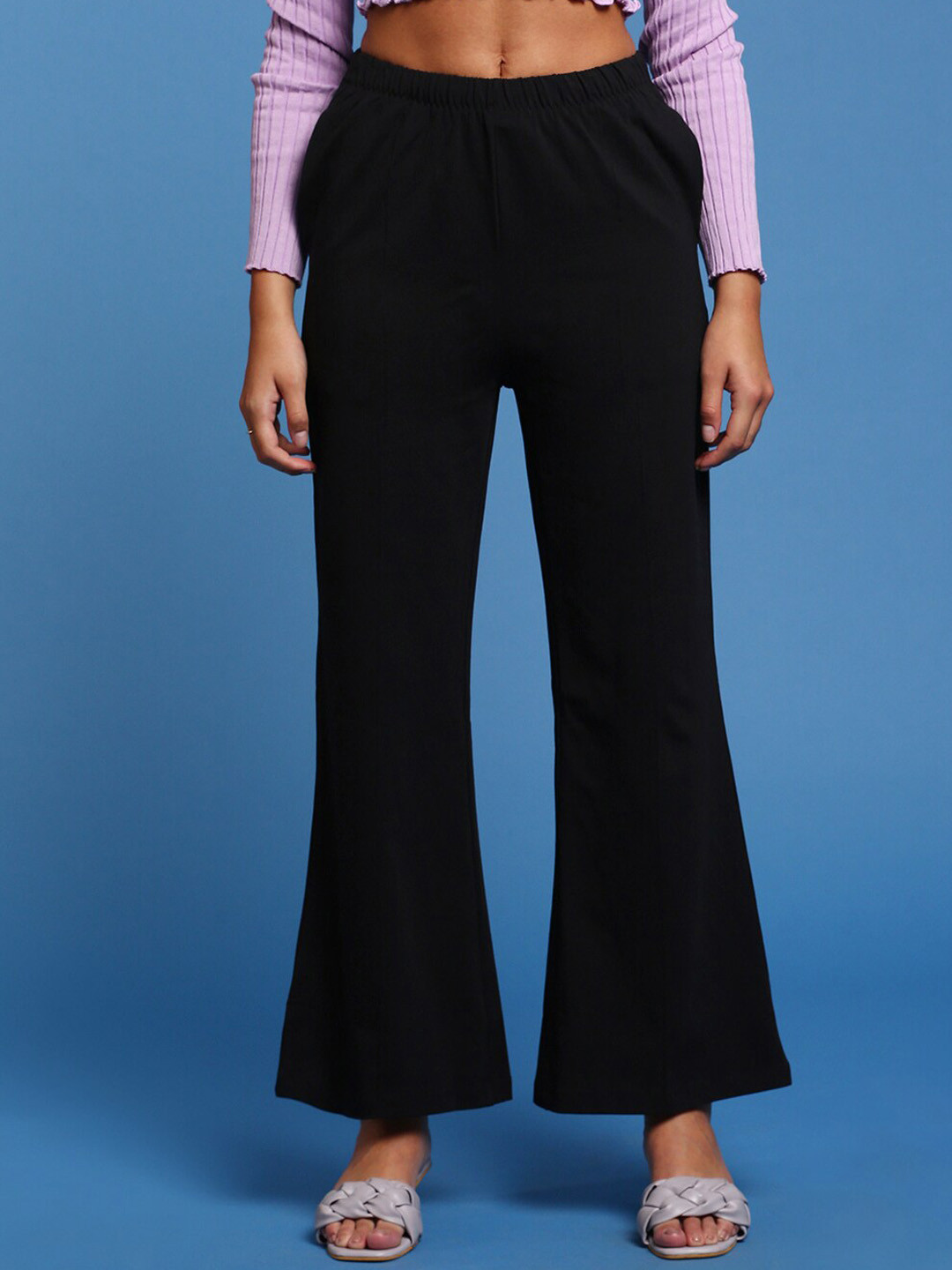 De Moza Women High-Rise Knitted Plain Flared Bootcut Trousers