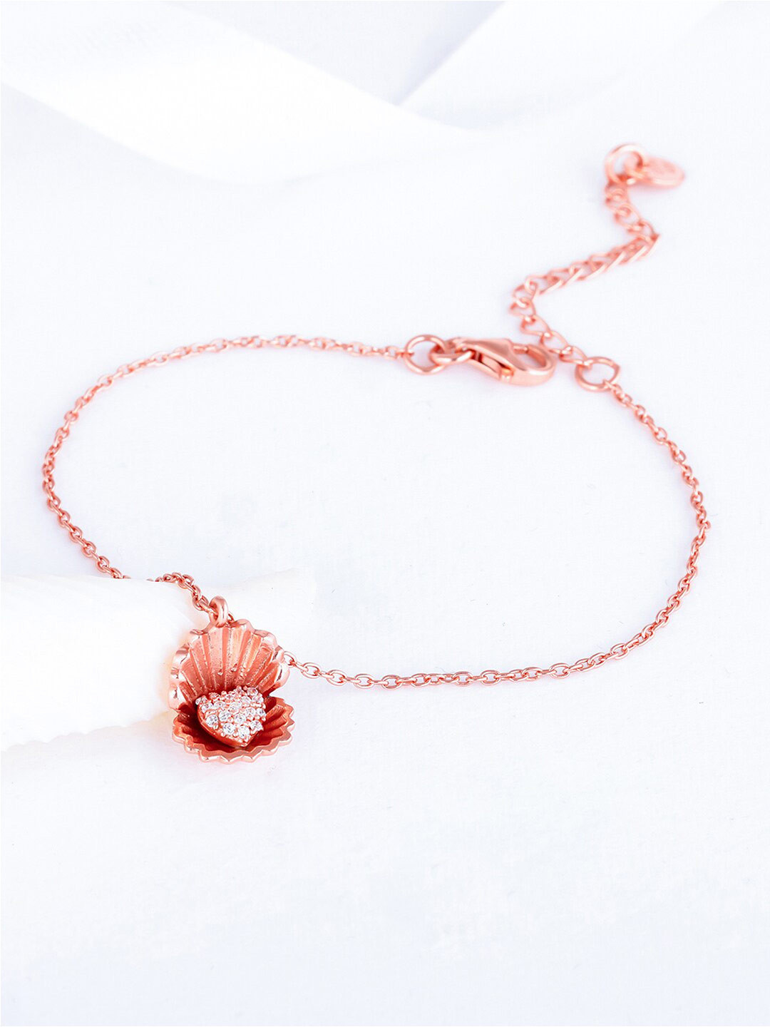 GIVA 925 Sterling Silver Rose Gold Heart in Seashell Cubic Zirconia Charm Bracelet