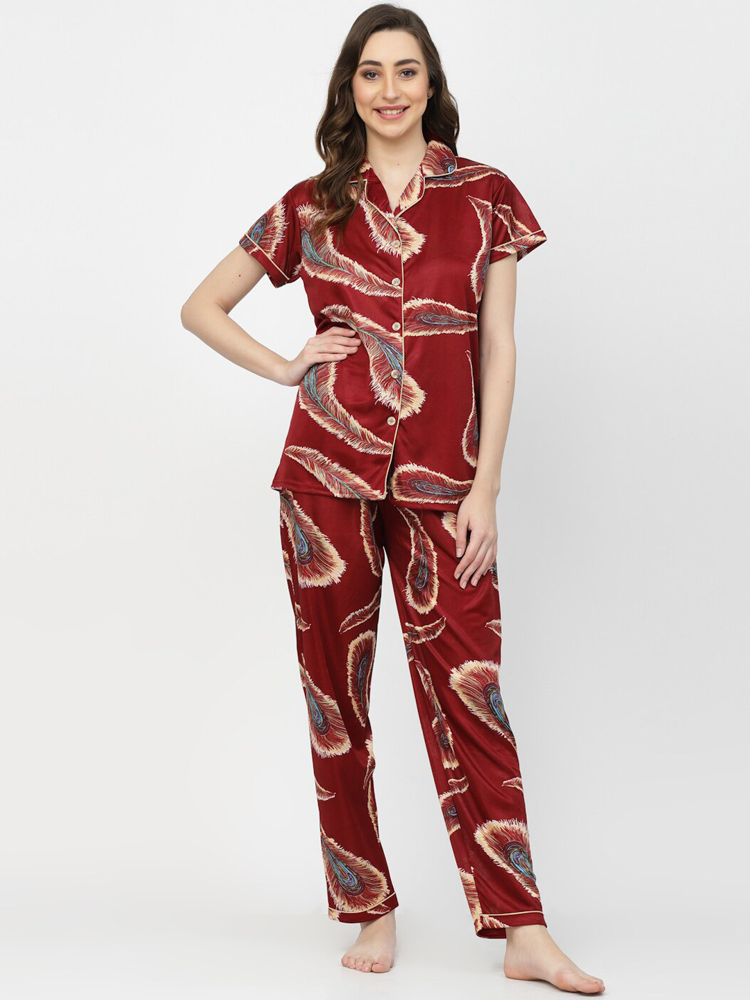Arrabi Peacock Feather Printed Satin Women Night Suit