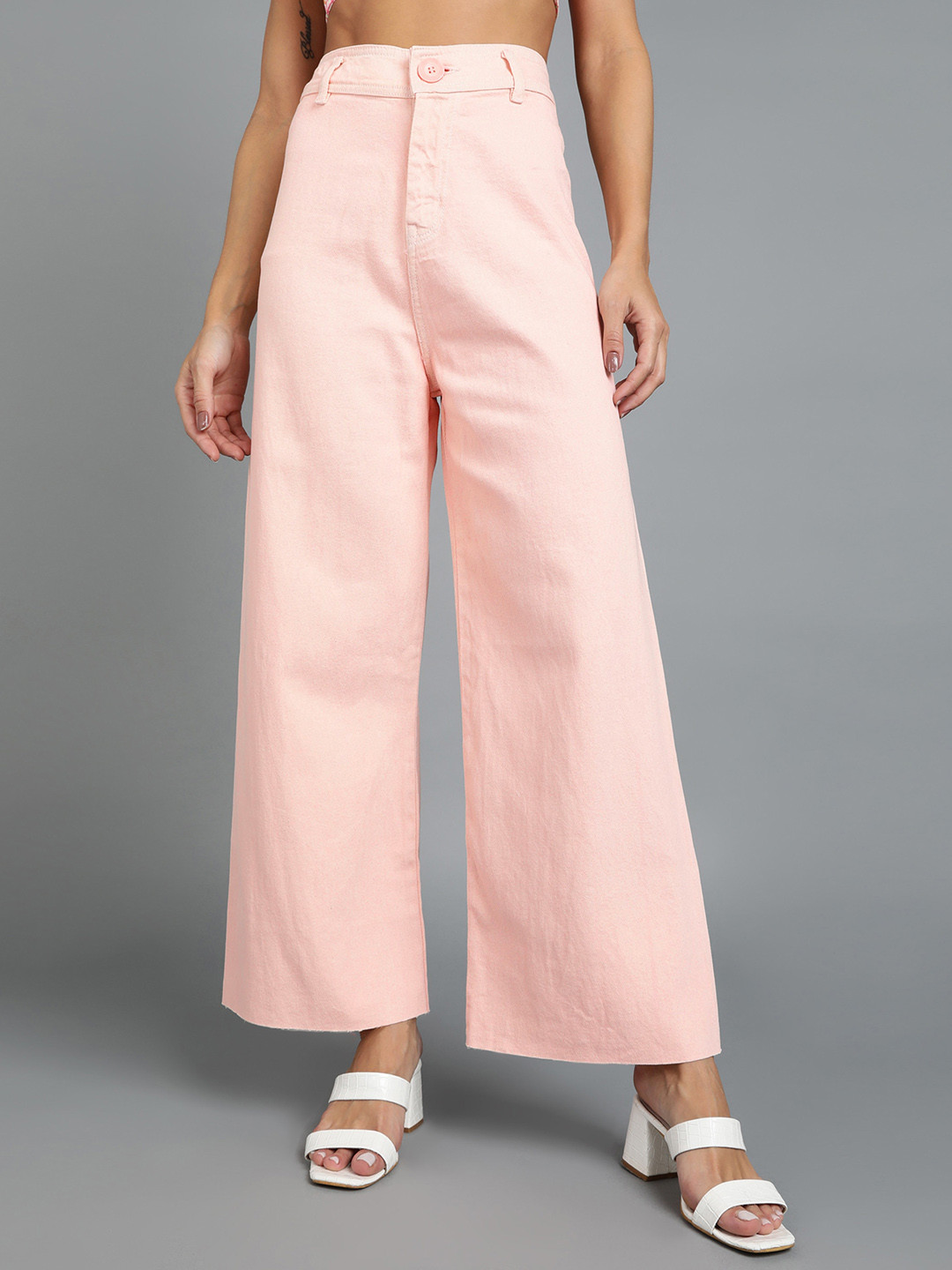Urbano Fashion Women Wide Leg High-Rise Slash Knee Stretchable Pure Cotton Jeans