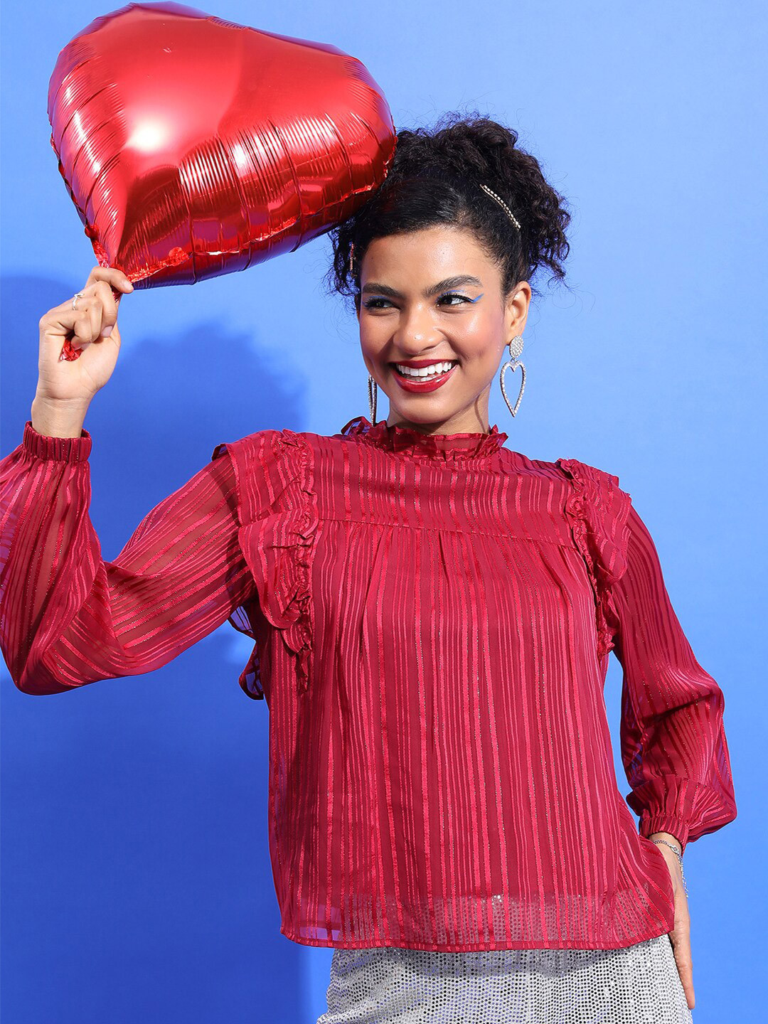 Tokyo Talkies Maroon Self Design High Neck Puff Sleeves Blouson Top