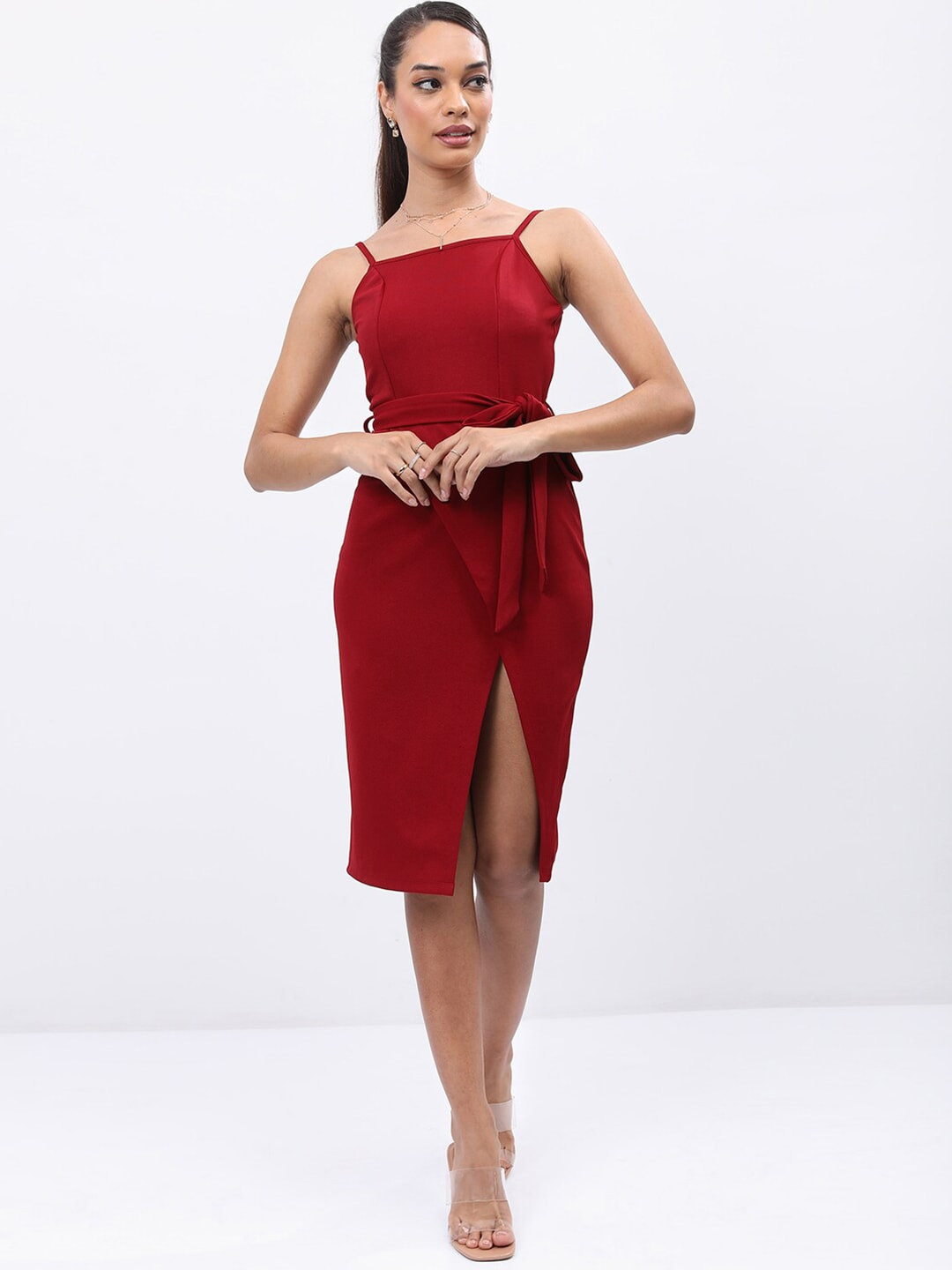 Tokyo Talkies Shoulder Straps Bodycon Dress With Belt