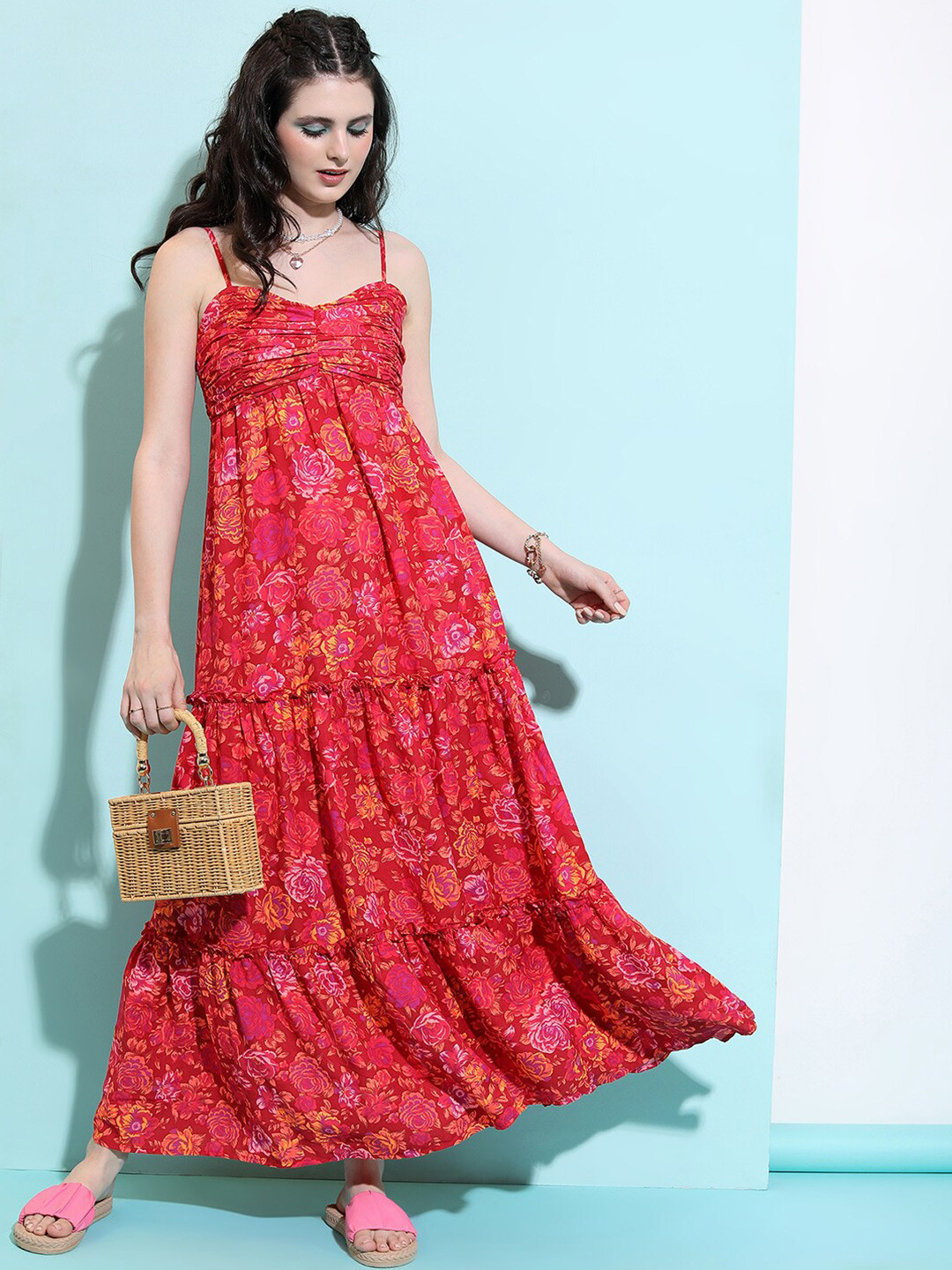Tokyo Talkies Floral Printed Shoulder Straps Tiered Maxi Dress