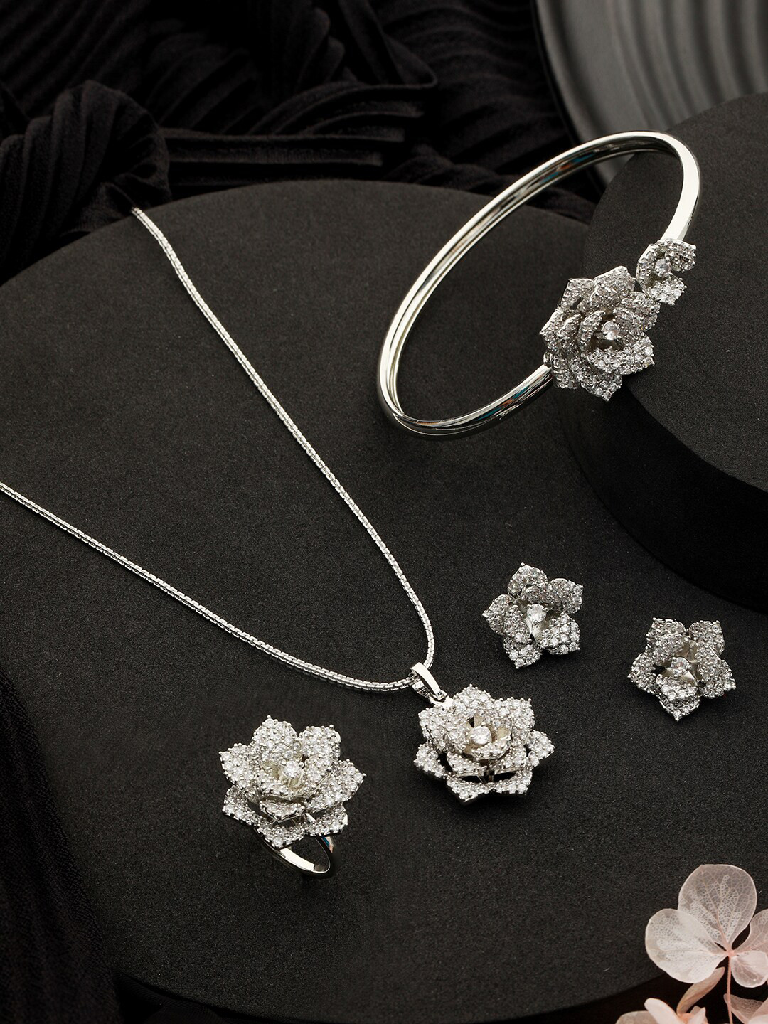Saraf RS Jewellery Silver-Plated AD Studded Rose Statement Jewellery Set