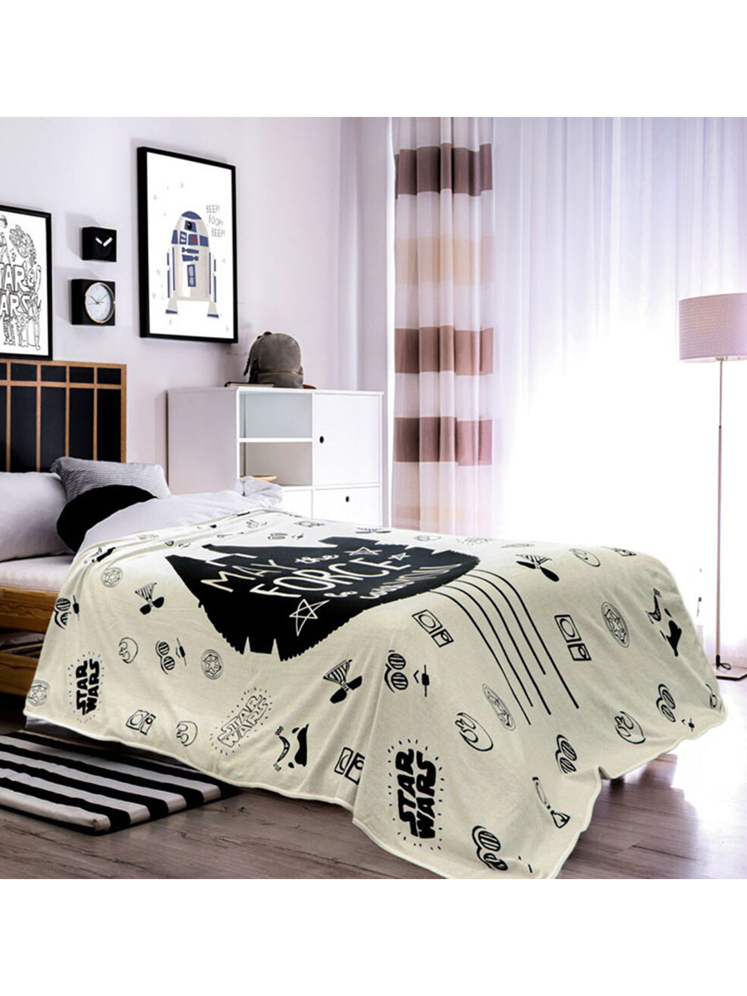 Pluchi Kids White & Black Printed AC Room 350 GSM Cotton Single Bed Blanket