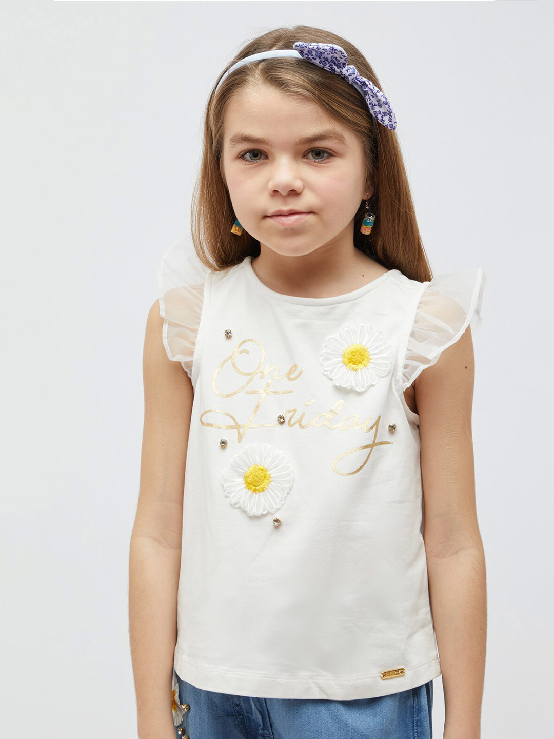 One Friday Flutter Sleeves Applique Detail Typography Printed Top