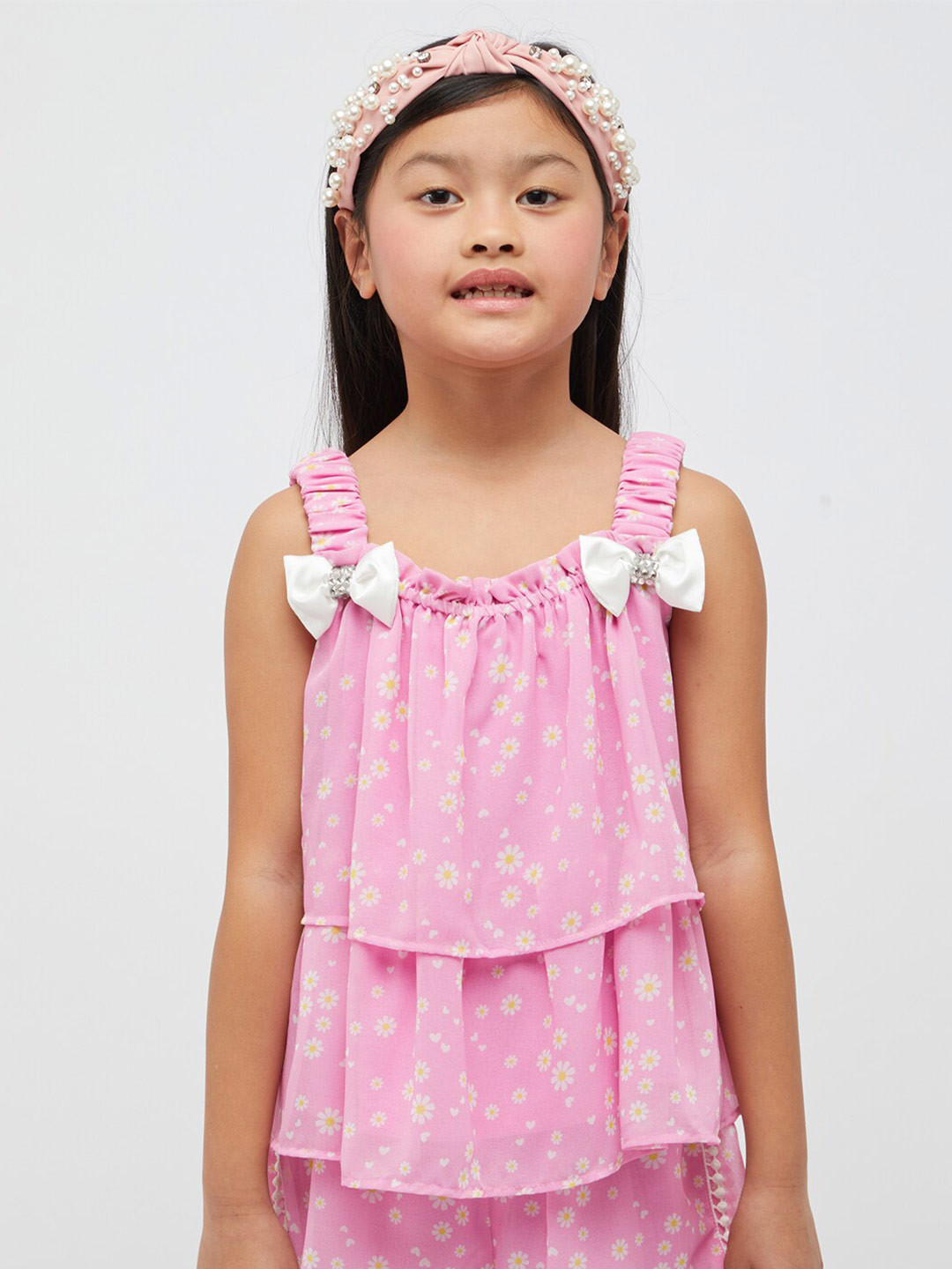 One Friday Layered Bow Detail Sleeveless Floral Print Top