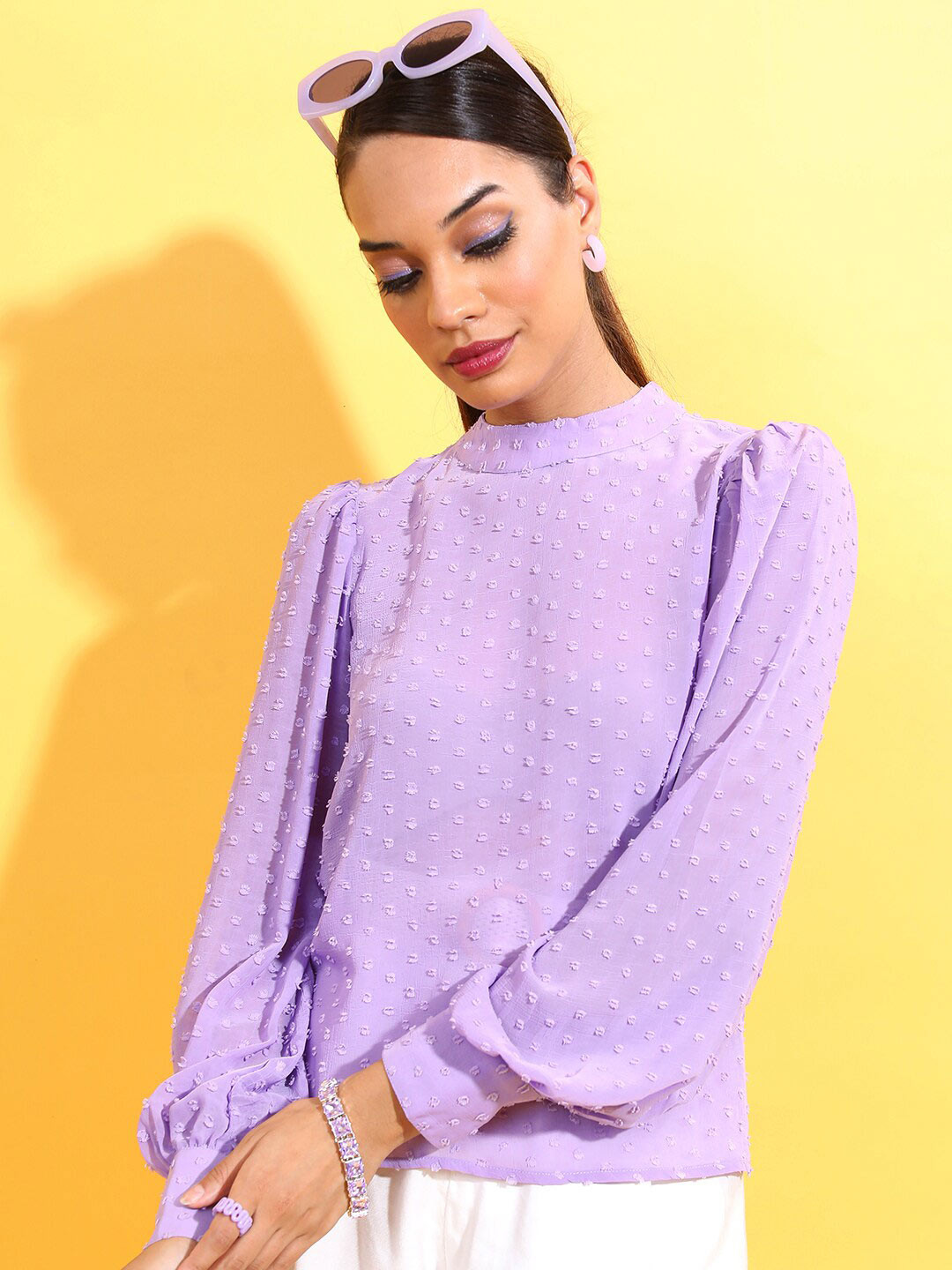 Tokyo Talkies Violet Self Design High Neck Puff Sleeve Top