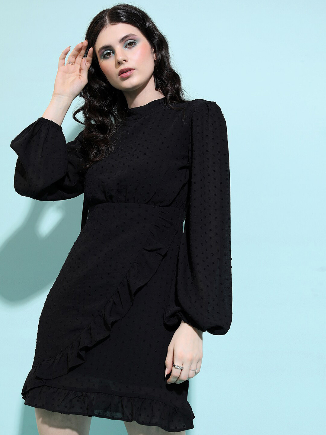 Tokyo Talkies Black Self Design Ruffled Sheath Dress