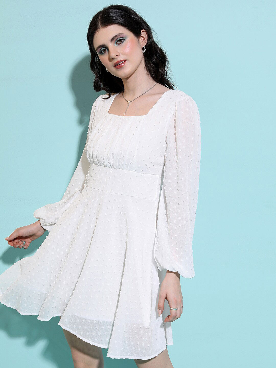 Tokyo Talkies Cream Self Design Pleated Fit & Flare Midi Dress