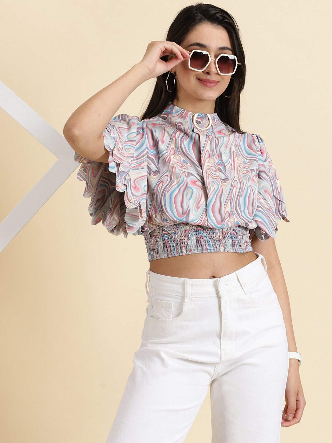 SHOWOFF Printed High Neck Collar Flutter Sleeve Crepe Blouson Crop Top