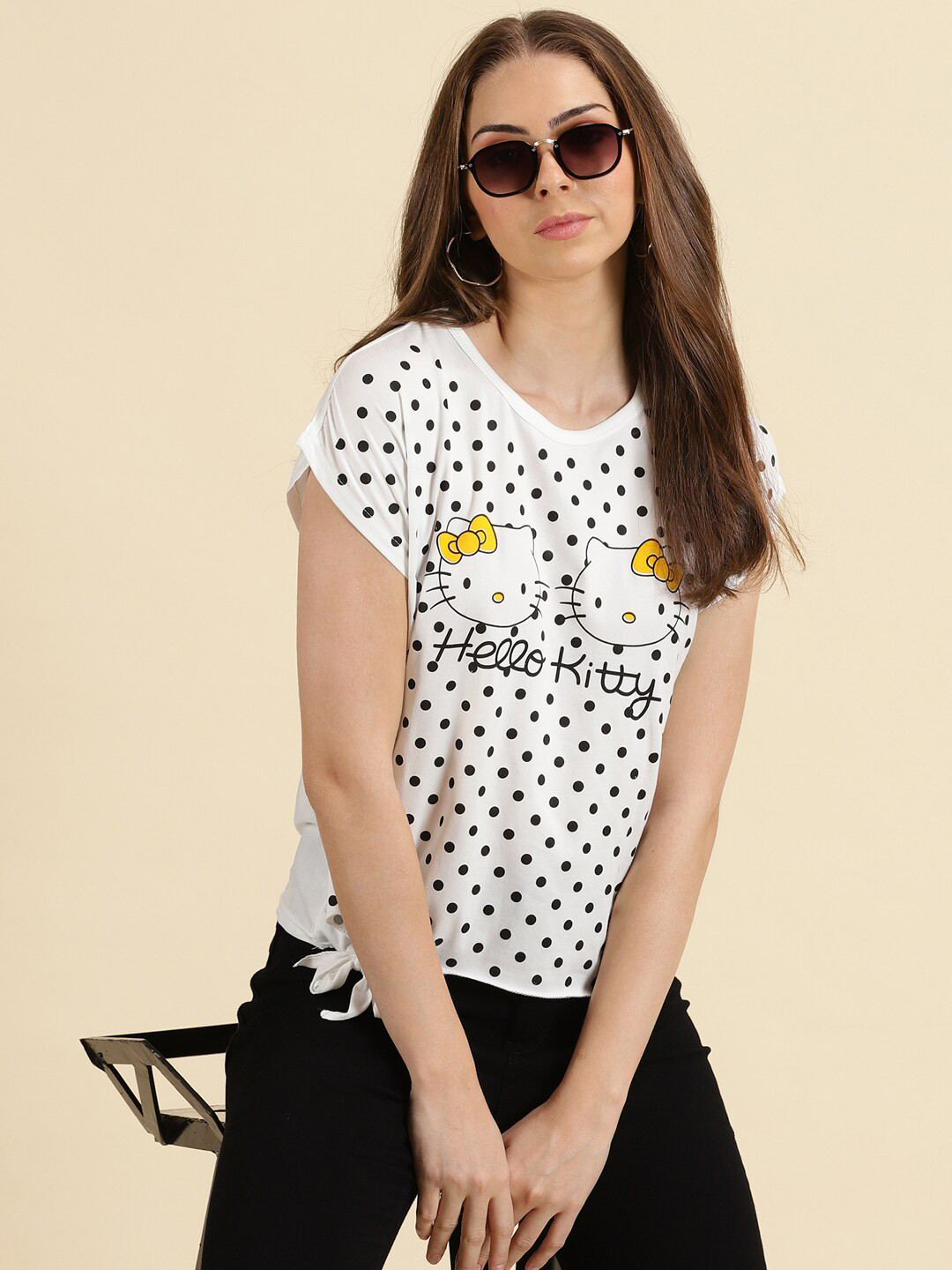 SHOWOFFFF Polka Dot Printed Extended Sleeves Top