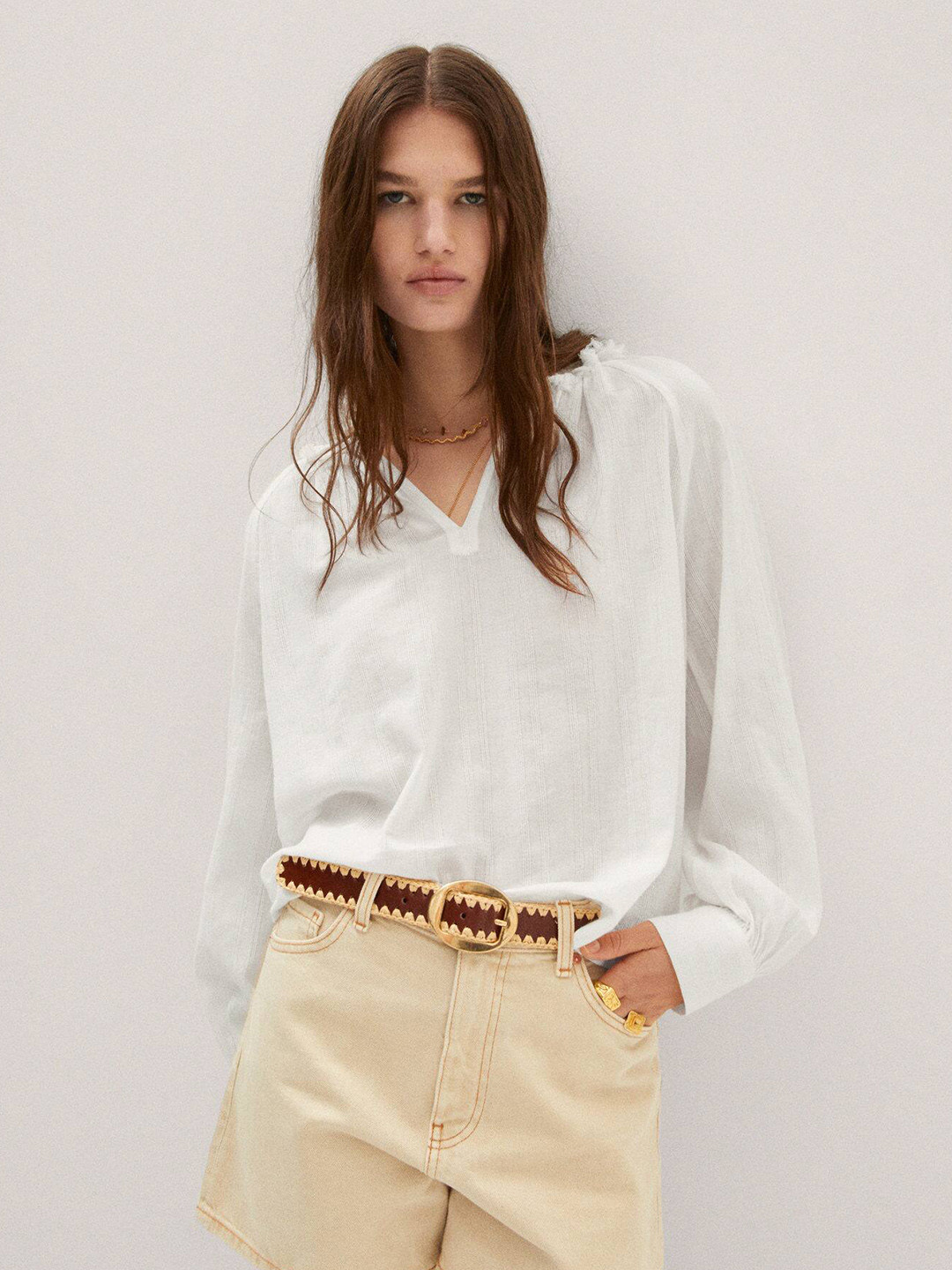 MANGO V-Neck Fringed Cotton Top