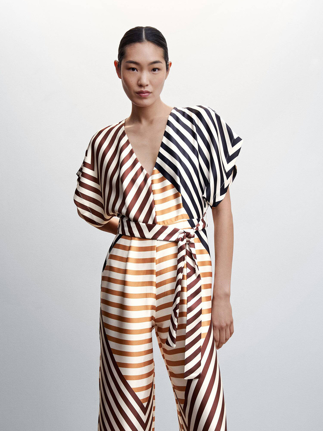 MANGO Striped Extended Sleeves Satin-Finish Jumpsuit
