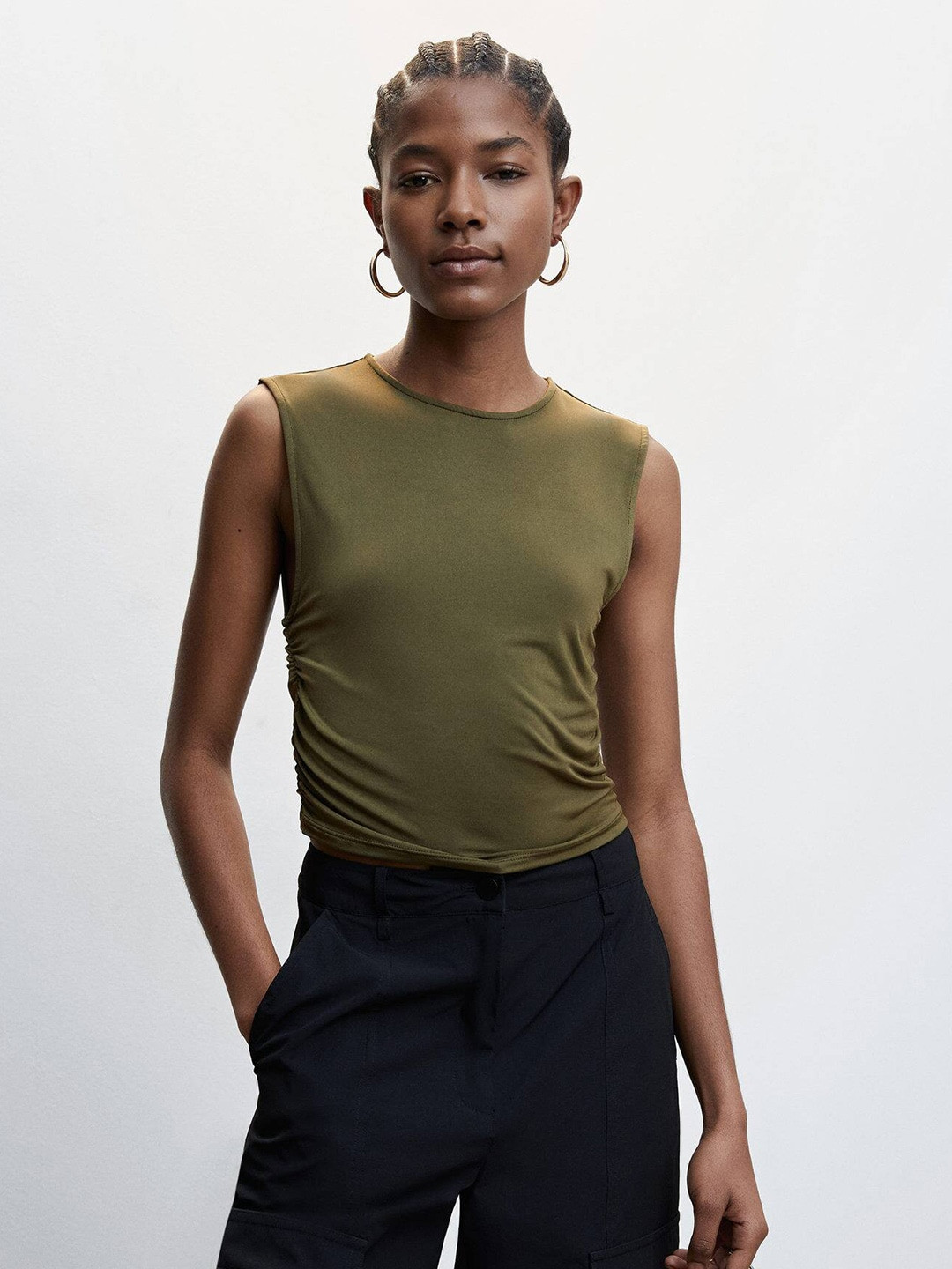 MANGO  Ruched Detailing Round Neck Top