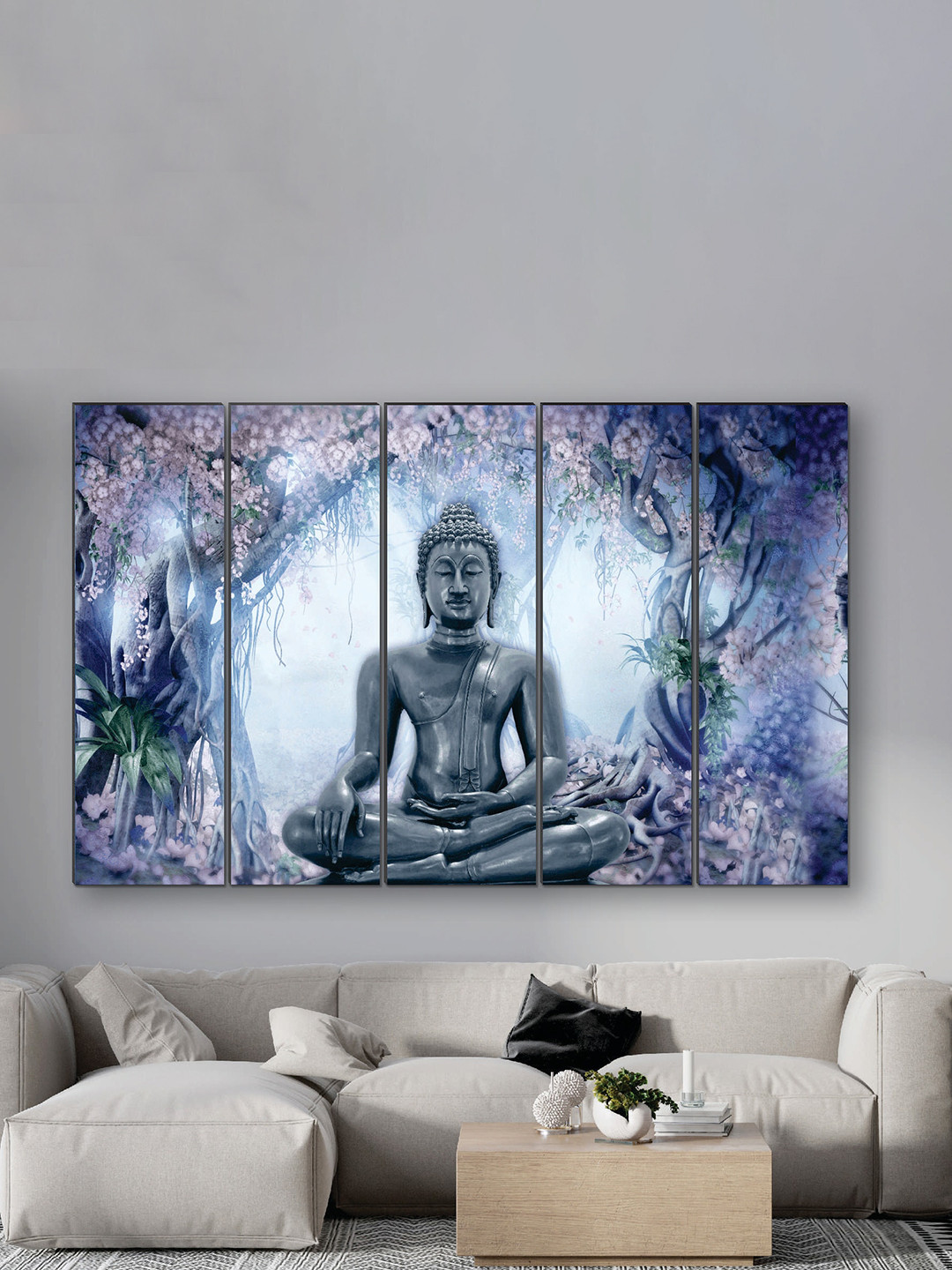SAF Blue & Grey 5 Pieces Buddha UV Textured MDF Wall Art Painting