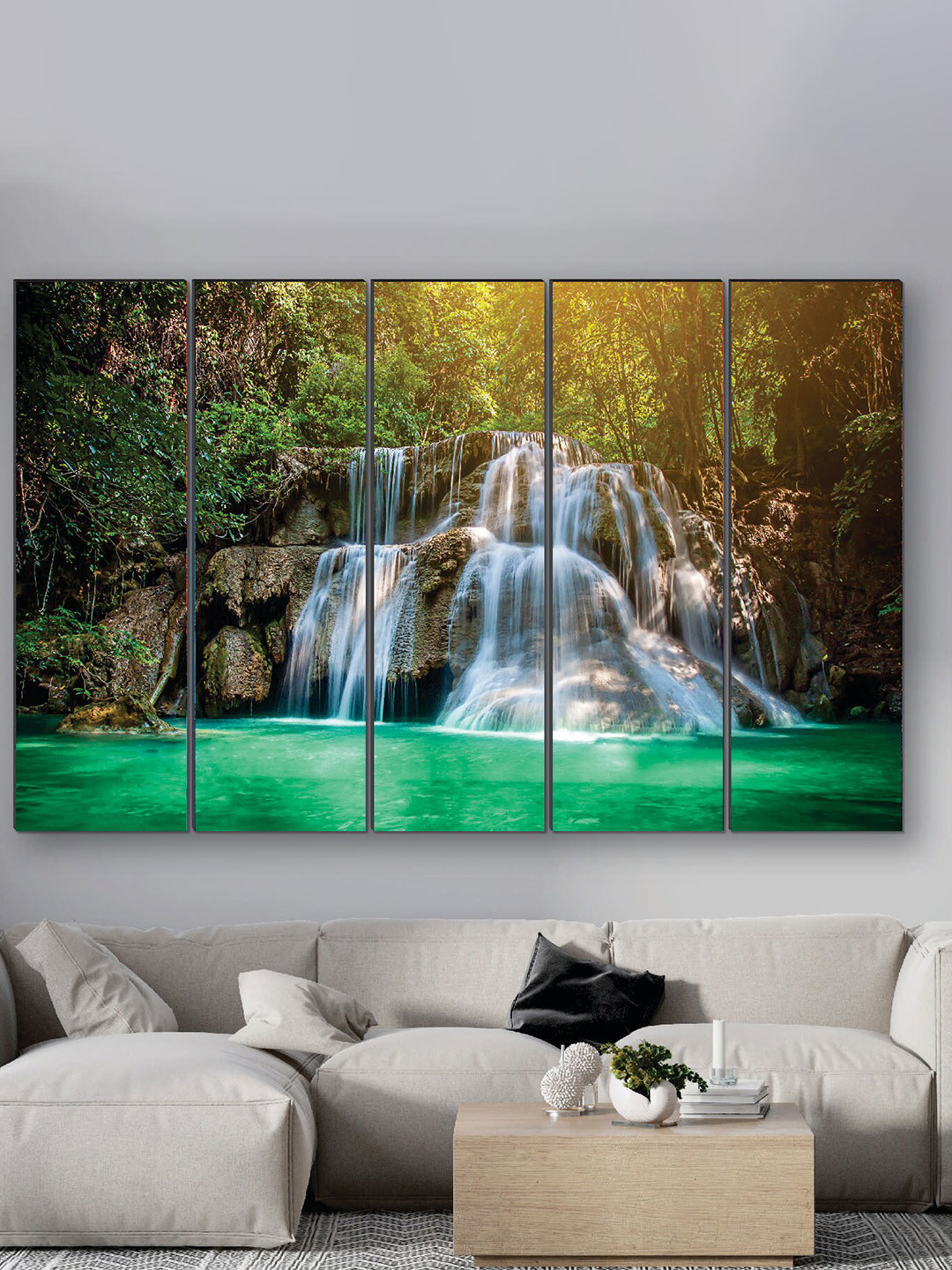SAF Green & Brown 5 Pieces Waterfall UV Textured MDF Wall Art Painting