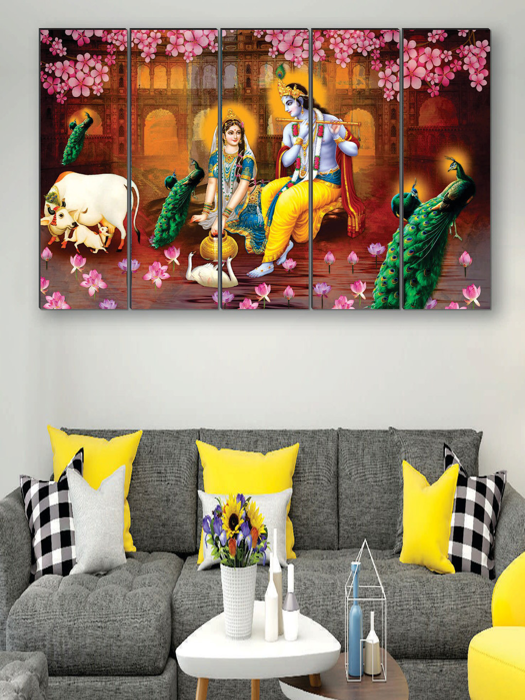 SAF Pink & Red 5 Pieces Radha Krishna UV Textured MDF Wall Art Painting
