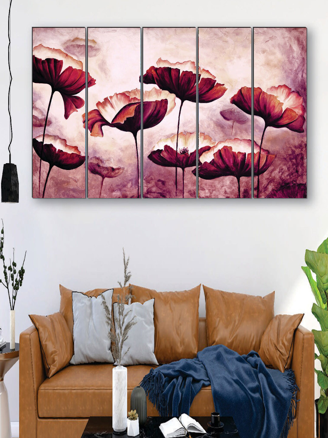 SAF Pink & Red 5 Pieces Preety Flower UV Textured MDF Wall Art Painting